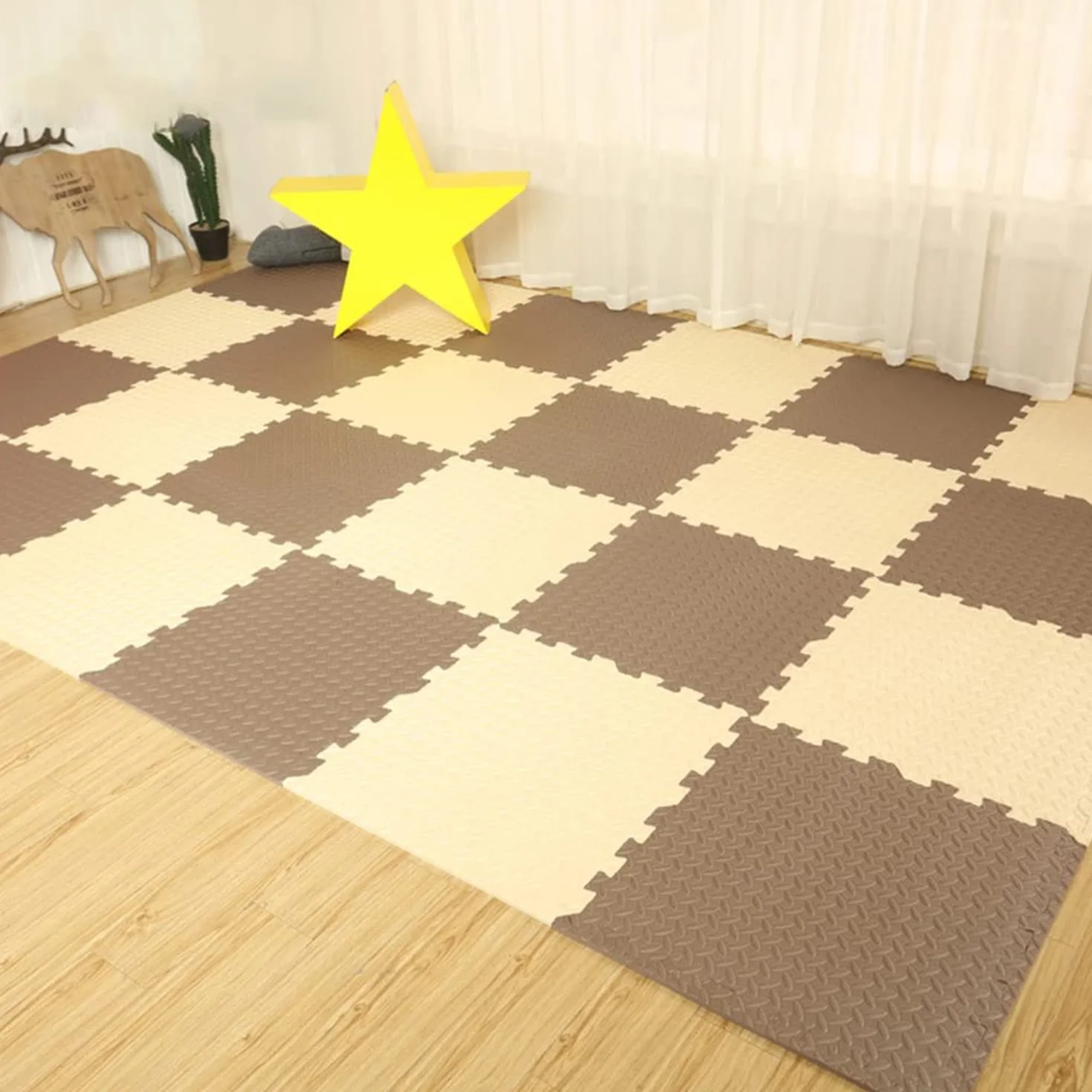 18 Piezas Alfombra Puzzle para Niños Bebe Infantil, Puzzles de Suelo de Goma EVA Suave, Alfombras de Juego, Alfombrillas para Puzzles 30x30x1,2 cm, Beige + Marrón