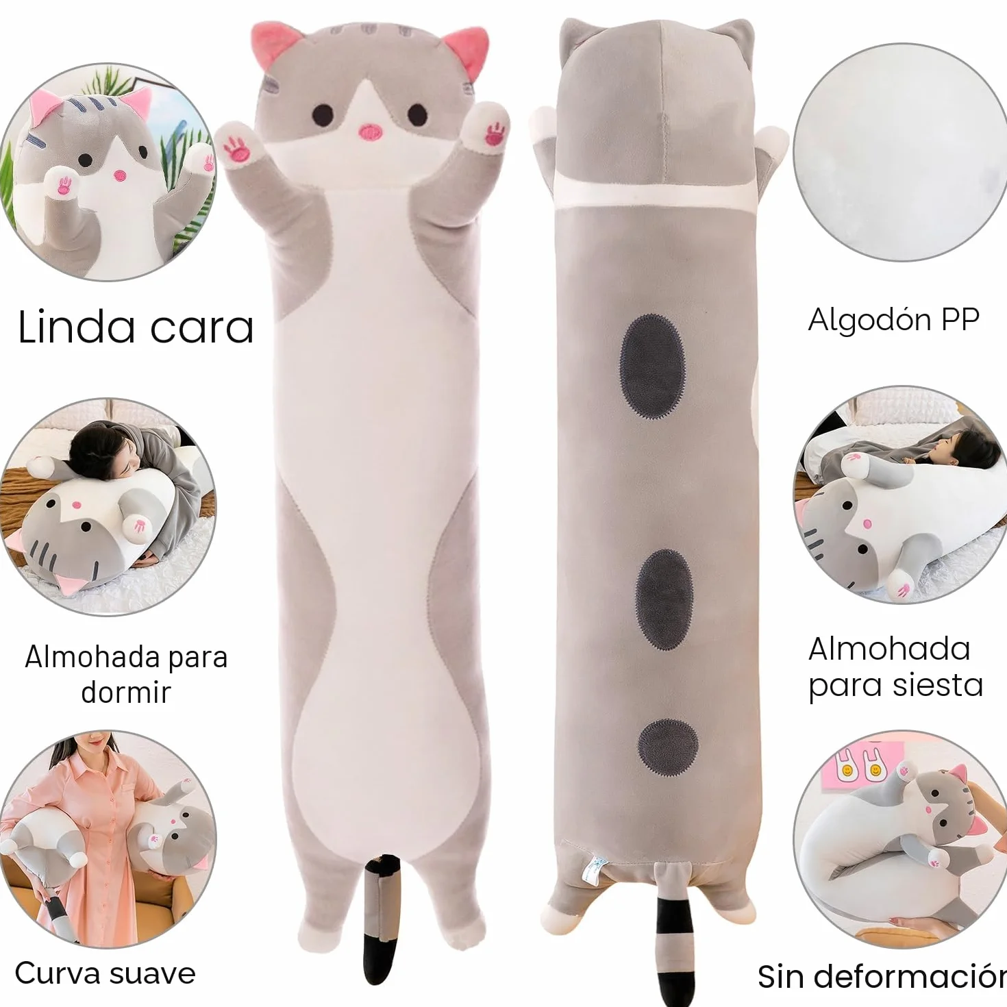 Almohada Gigante de Gato de Peluche con Dibujos para el Cuerpo del Gatito, Juguete para Niños y Novias (110cm, Gris)
