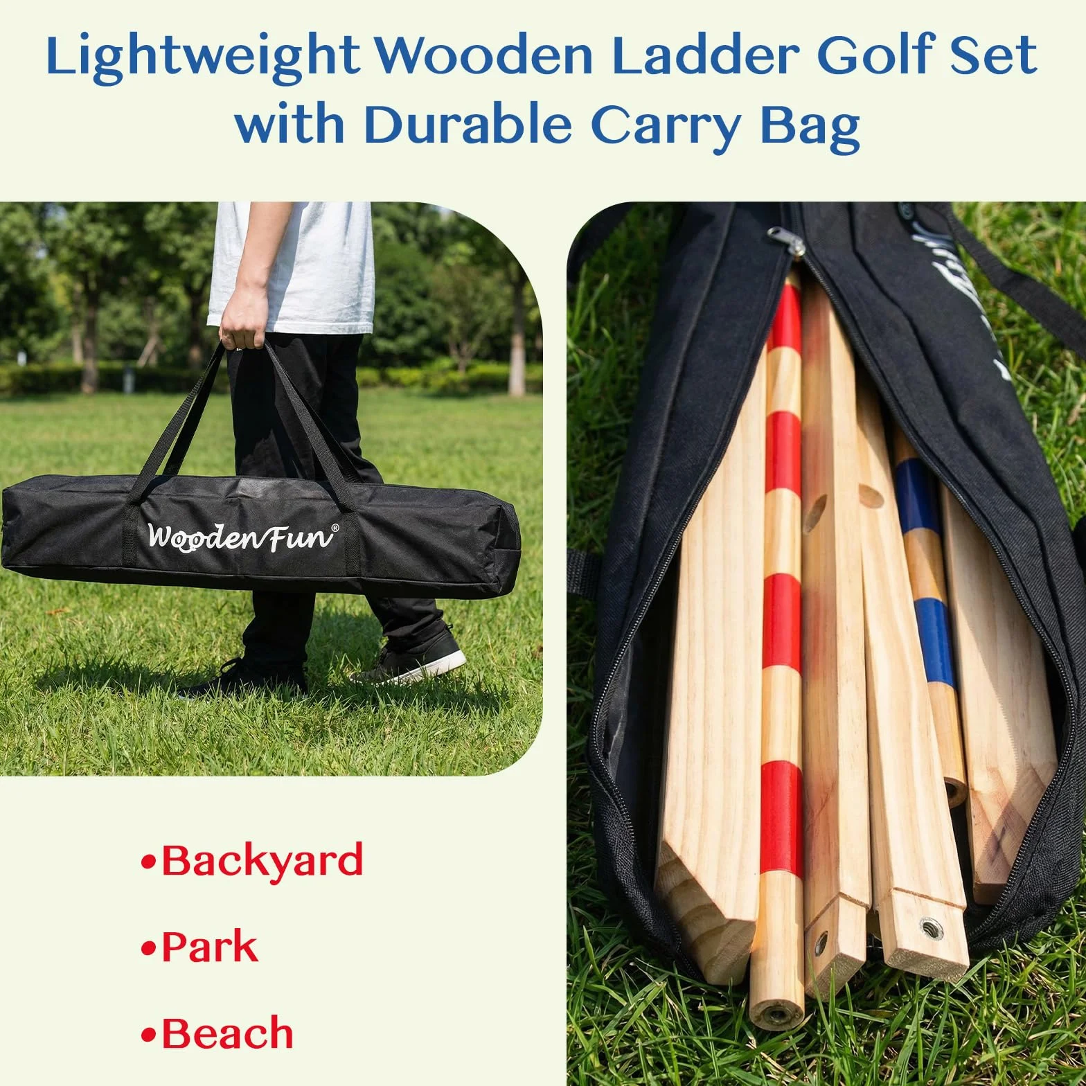 WOODENFUN Juego de escalera de golf de madera para exteriores con 9 bolas y bolsa, juego de interior y lanzamiento para adultos y niños a partir de 3 años, 90 x 62 x 58 cm
