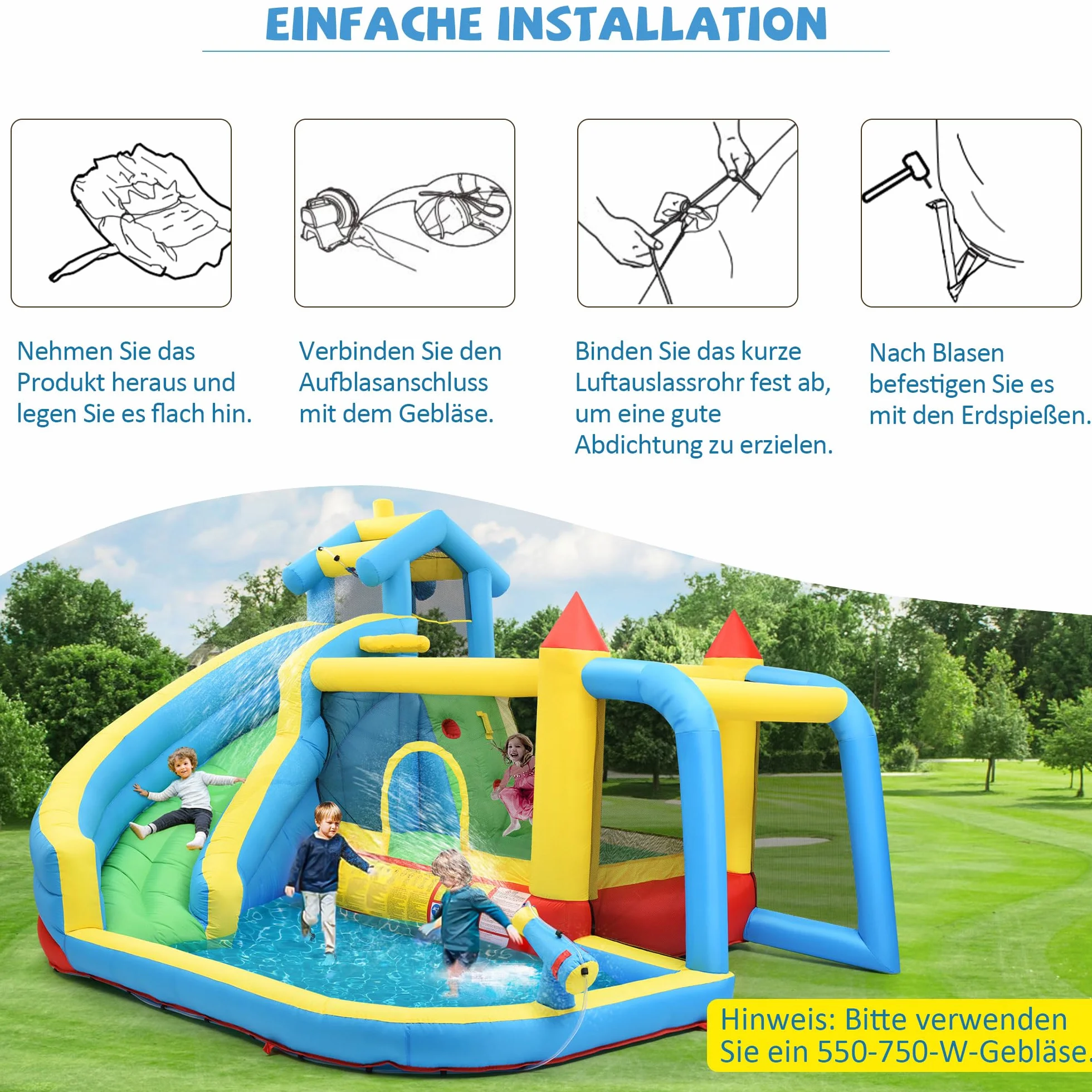 Bouncy Castle para niños 5 en 1 con ventilador, parque acuático inflable con tobogán, plataforma de salto, piscina y red de fútbol, castillo hinchable al aire libre para jardín, tela Oxford