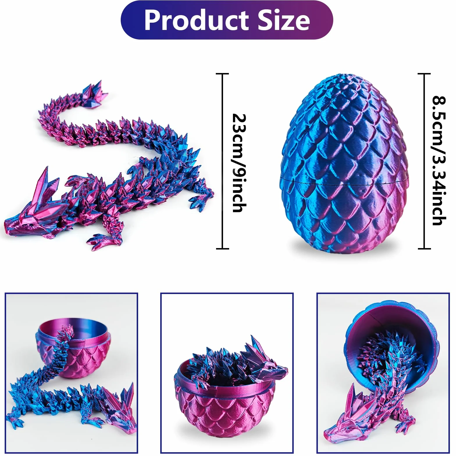 2PC 23CM Dragón Impreso en 3D, Juego de Huevo de Dragón, Juguete Fidget de Dragón, Huevos de Pascua, Articulaciones Flexibles, Decoración del Hogar, Juguete de Escritorio