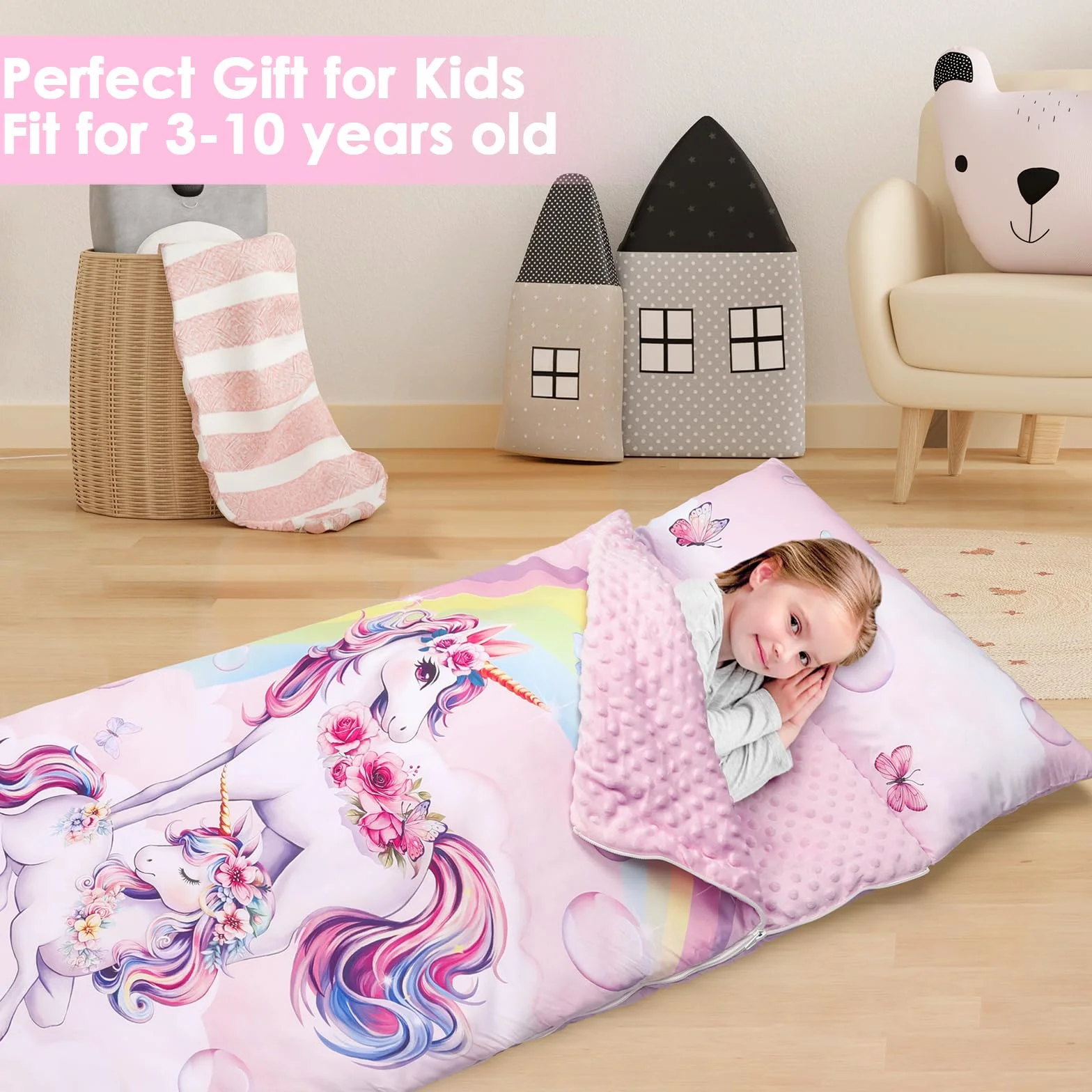 Tamaño Grande Saco de Dormir Infantil con Almohada Extraíble 170×75cm, Cálida Plegable Alfombrilla de Siesta para Niños y Niñas, Bolsa de Dormir con Cremallera para Camping Siesta
