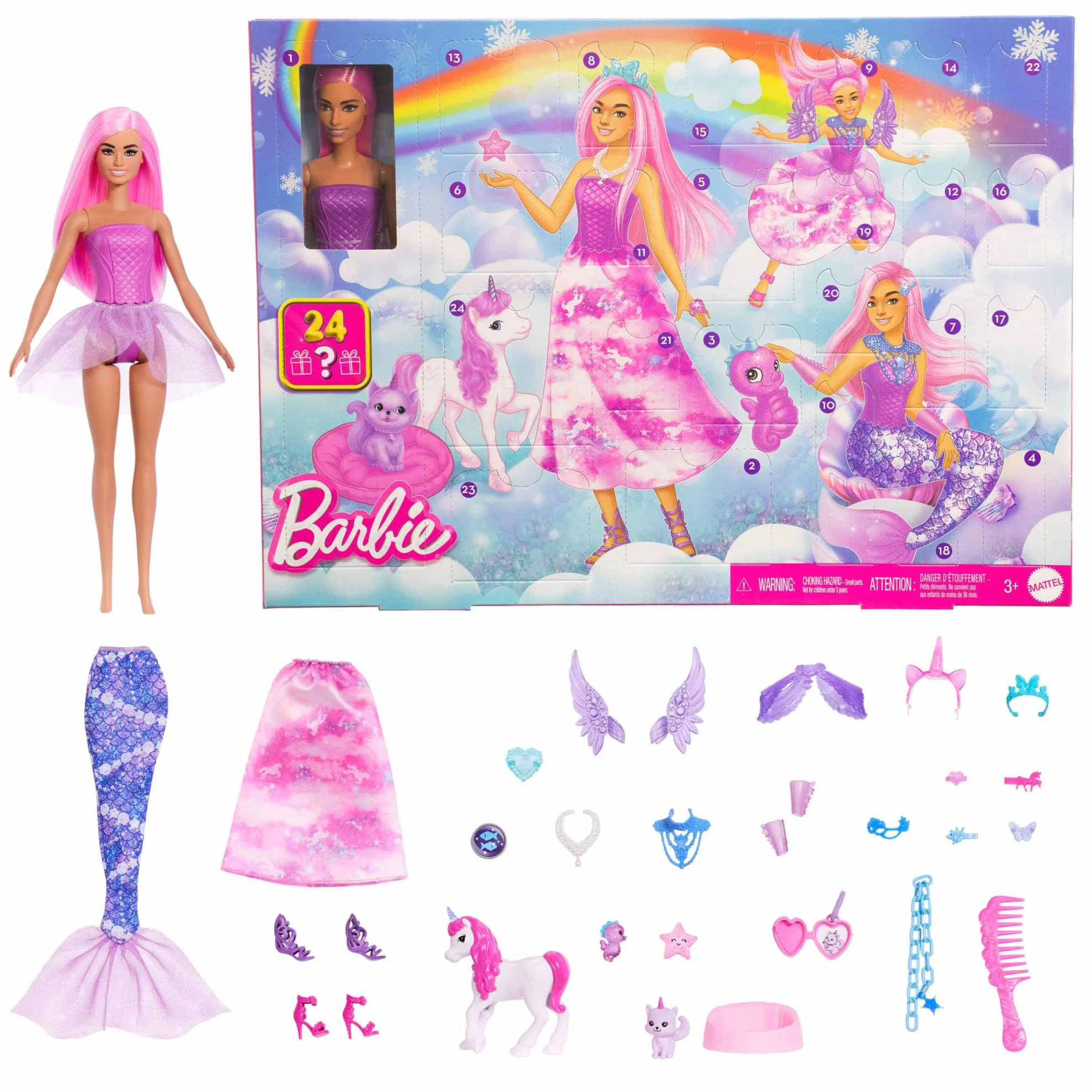 Barbie Calendario de Adviento con muñeca y 24 accesorios sorpresa de juguete, como un unicornio y mascotas, muñeca de moda que se convierte en sirena, hada y mucho más, JFL66