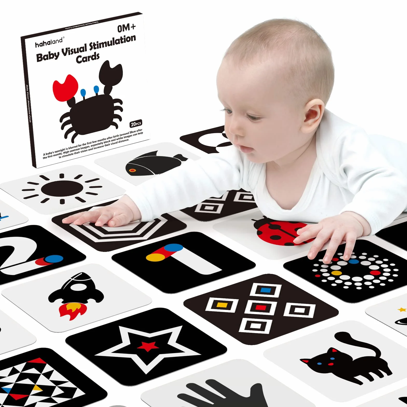 hahaland Flashcards Bebe Juguetes Bebes 0 3 6 Meses, 20 Piezas 40 Imágenes Tarjetas de Alto Contraste en Blanco y Negro, Tarjetas de Estimulación Visual Regalo Educativo para Bebés 0-6 Meses