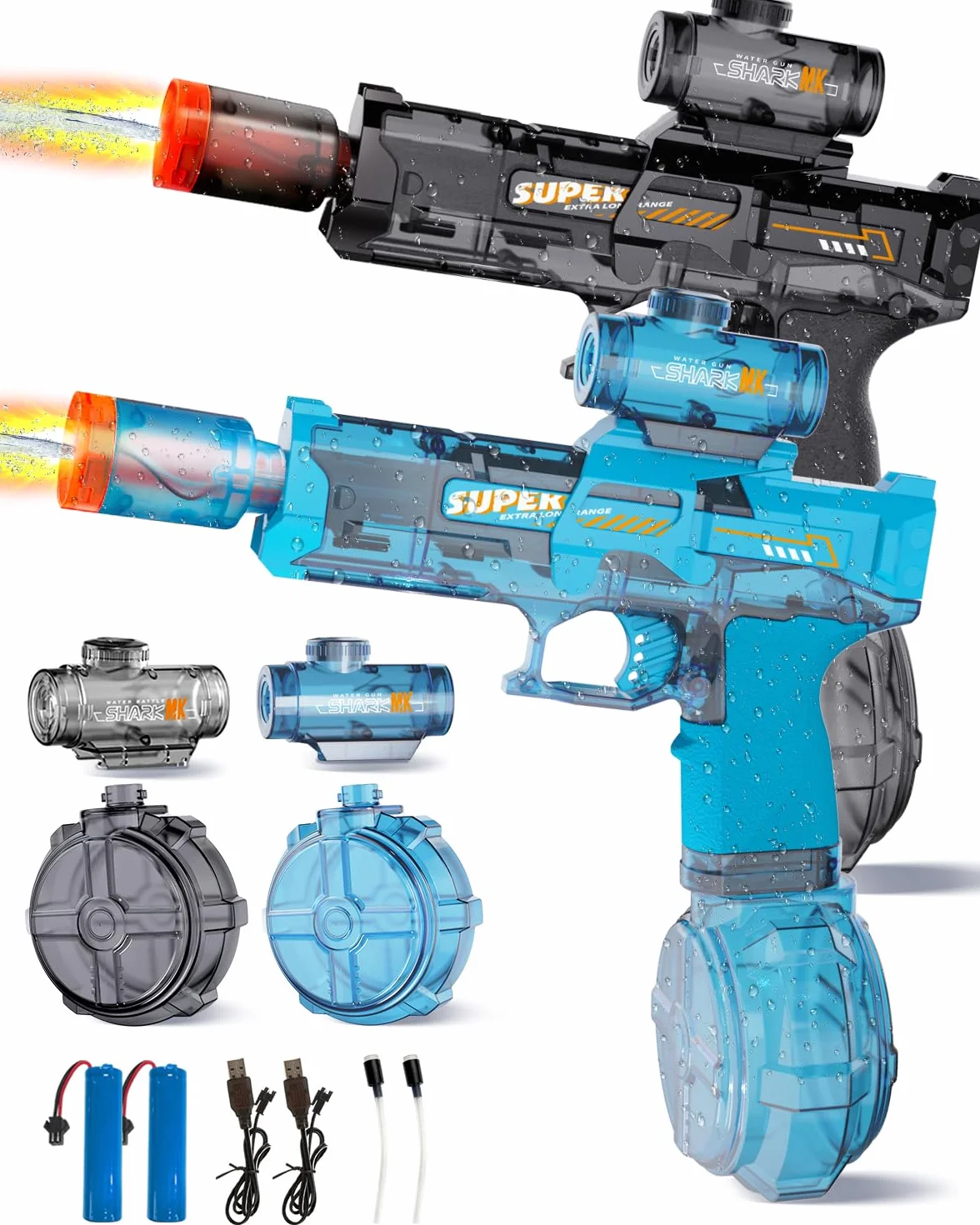 2 Piezas Pistola de Agua Eléctrica, Pistola de Agua Niños con Llama LED, Gran Capacidad Recargable Pistola de Agua Automática, Alcance 8-10 M, Exterior Juguetes para Niños 3+, Piscina, Playa, Fiesta