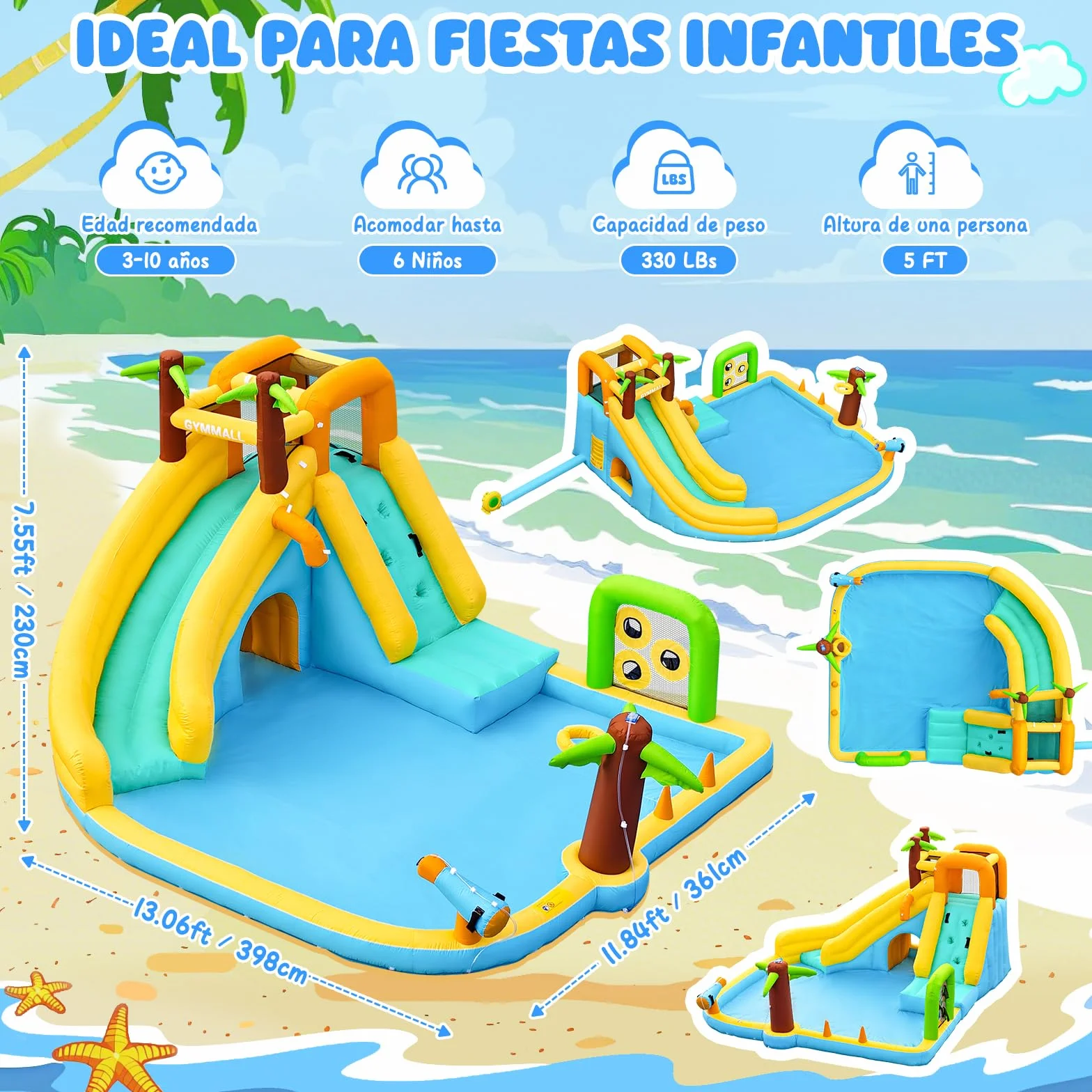 Tobogán Inflable de Agua con Ventilador 450W - Castillo Hinchable 10-en-1 para Niños en Interior y Exterior con Piscina, Aspersores y Tobogán Largo