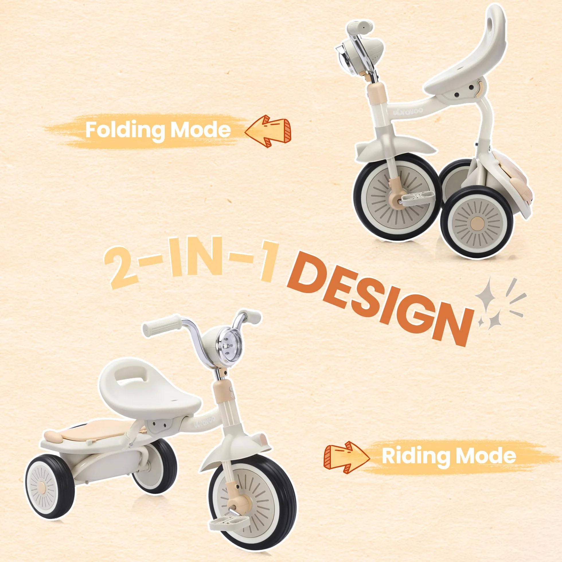 UBRAVOO Bebés Triciclo Plegable, con Pedales, Luces Geniales, Ruedas Duraderas y Asiento Cómodo, Triciclo para Niñas y Niños de 1 a 5 Años (Blanco)