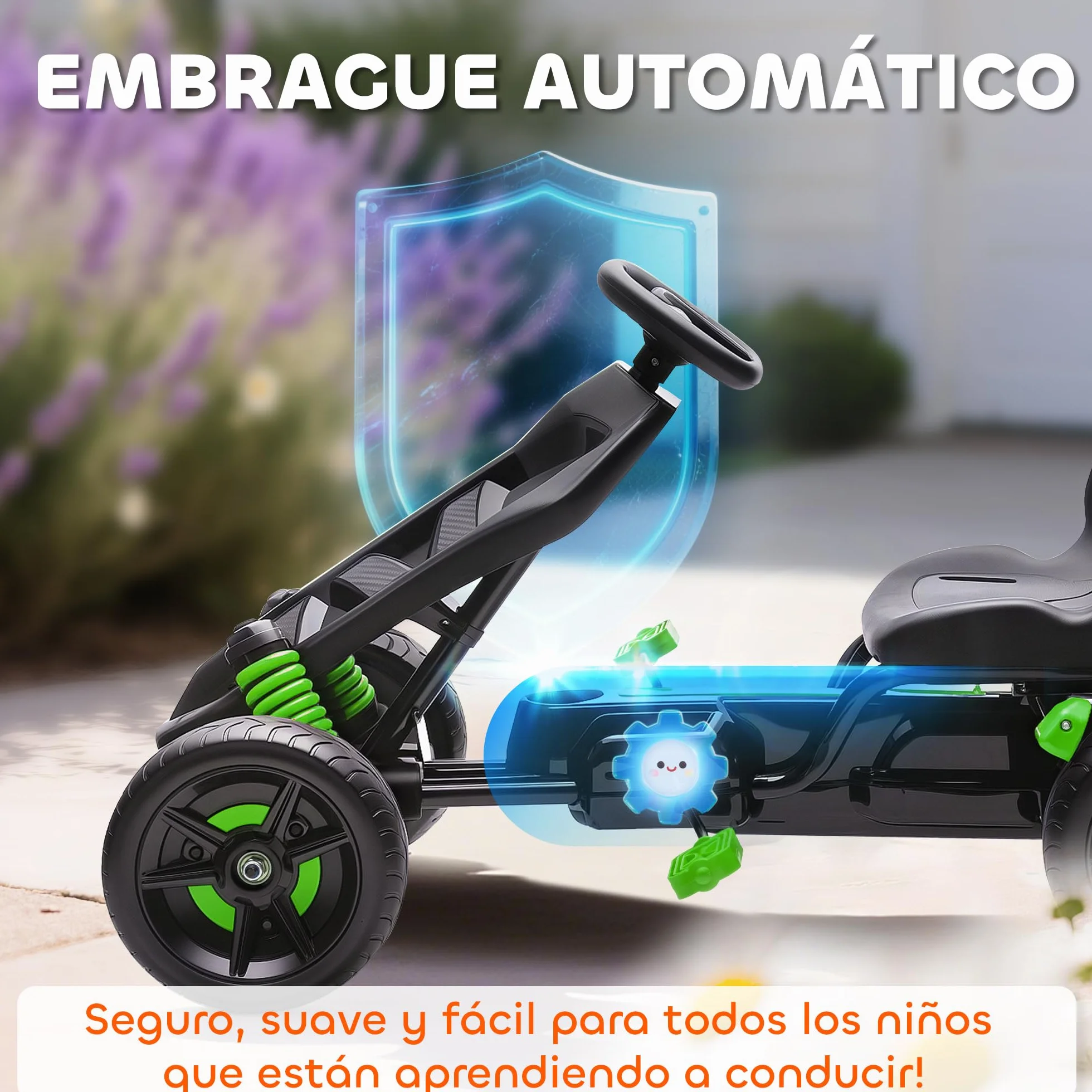 AIYAPLAY Kart Pedales para Niños de +3 Años Go Kart con Embrague Automático Freno Ruedas Antideslizantes de EVA y Marco Metálico Carga 50 kg Verde