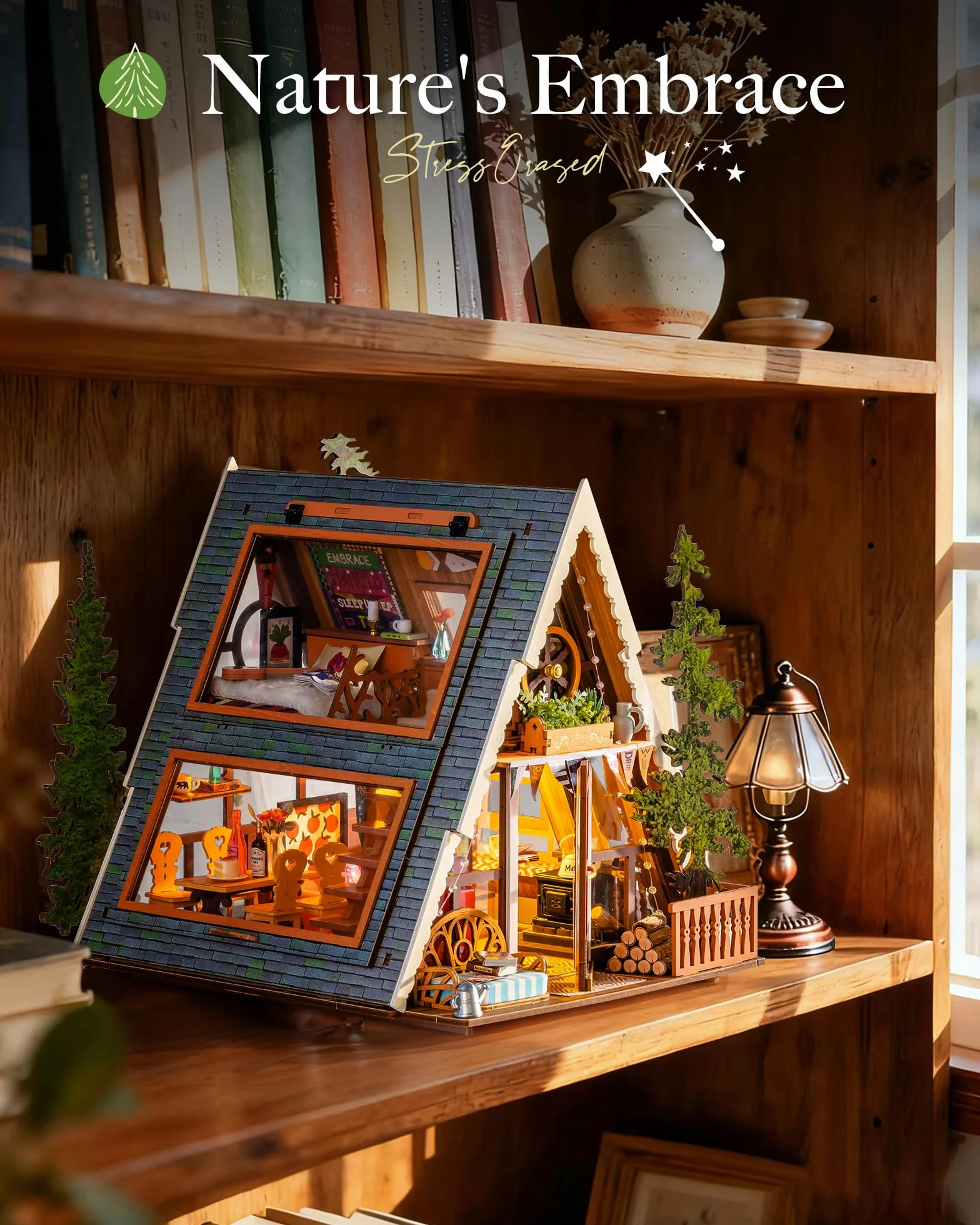Rolife Casa de Muñecas Cabaña A-Frame Modelo de Madera Casa en Miniatura Sanación Natural Cabaña del Bosque de Cuento de Hadas Decoración del Hogar Regalo Creativo para Adultos