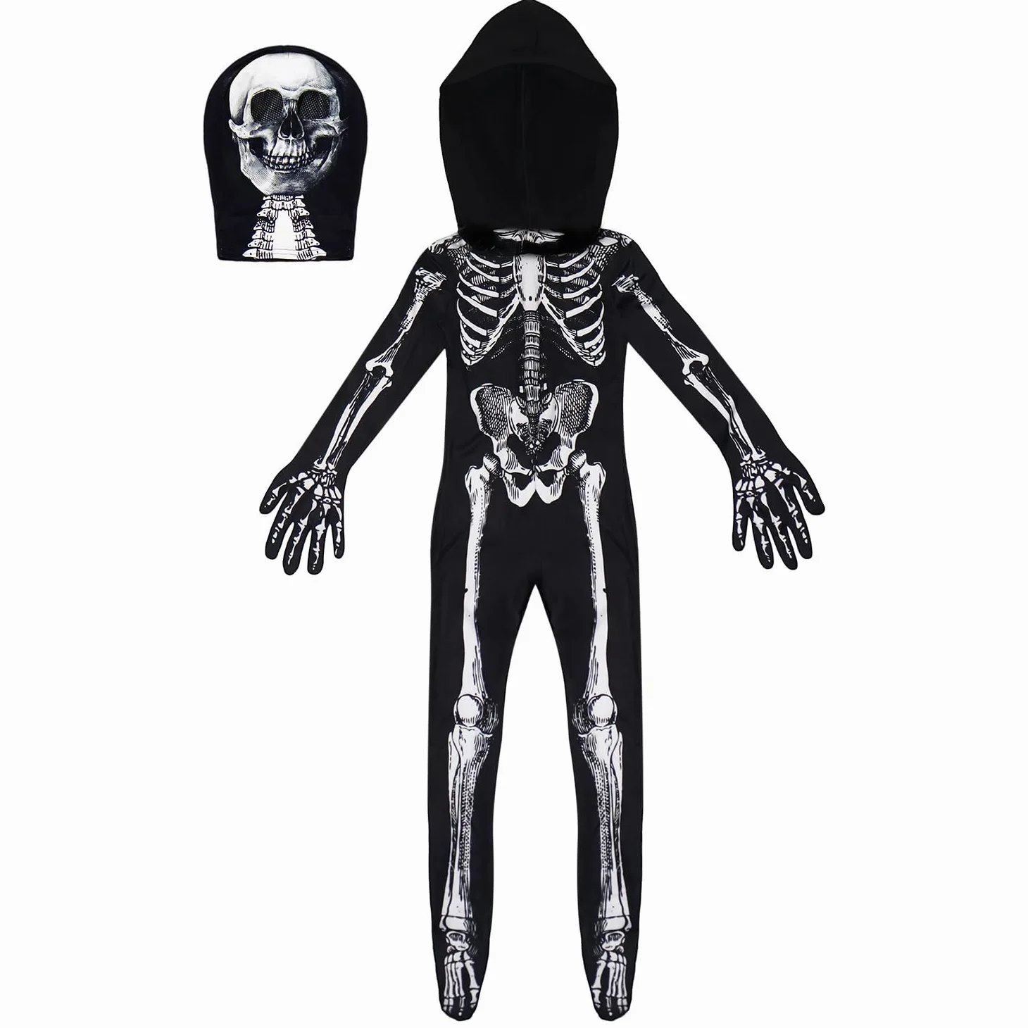 Disfraz de esqueleto de Halloween para niños, disfraz de esqueleto con capucha, huesos con máscara para niños y niñas, disfraz de cosplay de Halloween