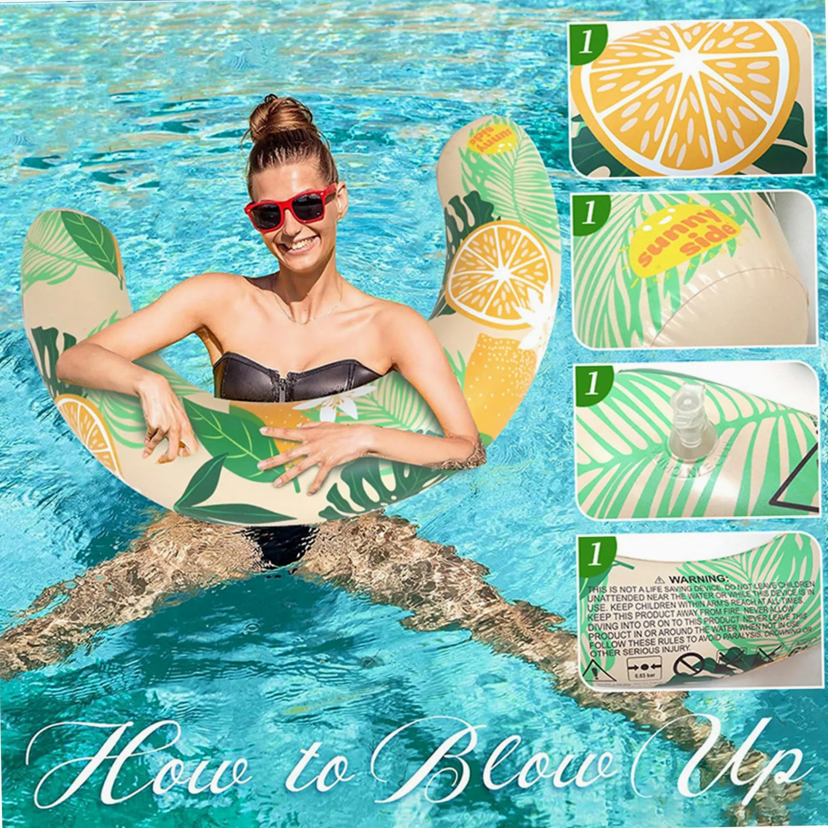 Paquete de 2 fideos inflables para piscina, fideos de natación en forma de U con estampado de limón para adultos, divertidos accesorios de flotadores para verano, playa, lago