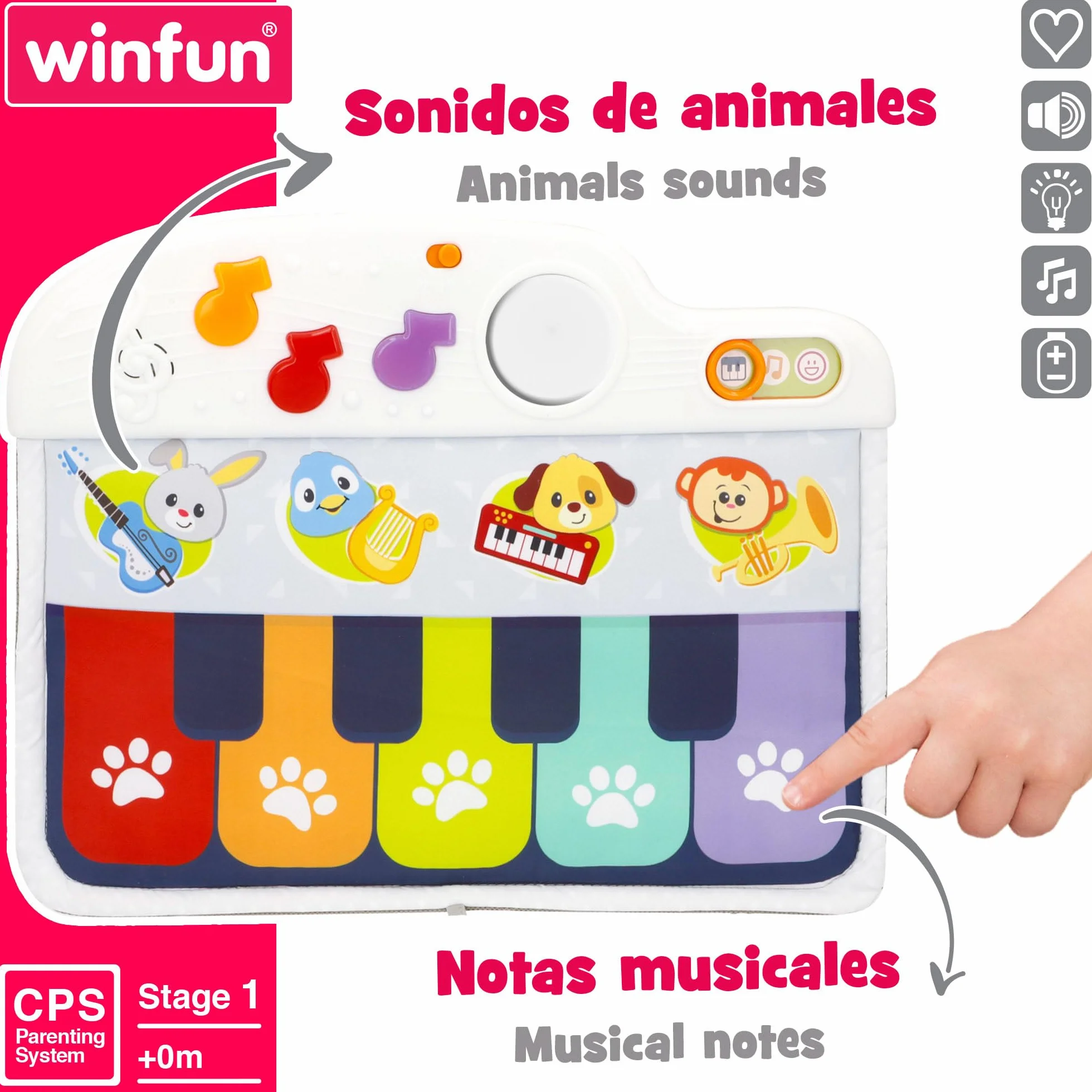 Winfun 46878 - Piano para bebés con luz y melodías para la cuna / Mi primer piano, juguete para bebes a partir de 0+, se toca con pataditas / Regalo bebé, Instrumentos musicales bebe