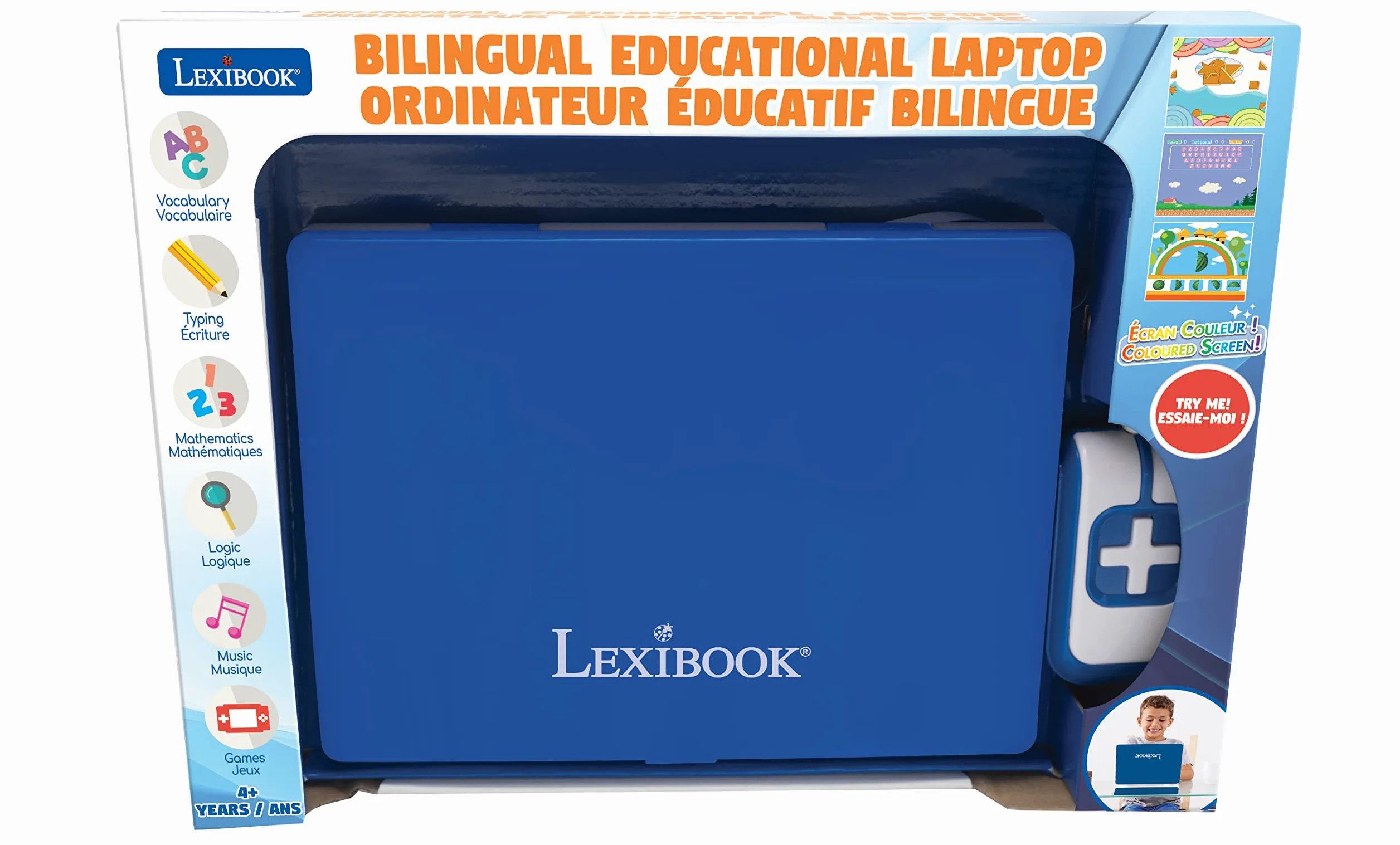 Lexibook JC798i1 - Ratón Educativo y bilingüe para portátil francés/inglés con Pantalla a Color, 130 Actividades para Aprender Idiomas, mecanografía, matemáticas, lógica, música y Juegos, Blanco/Azul