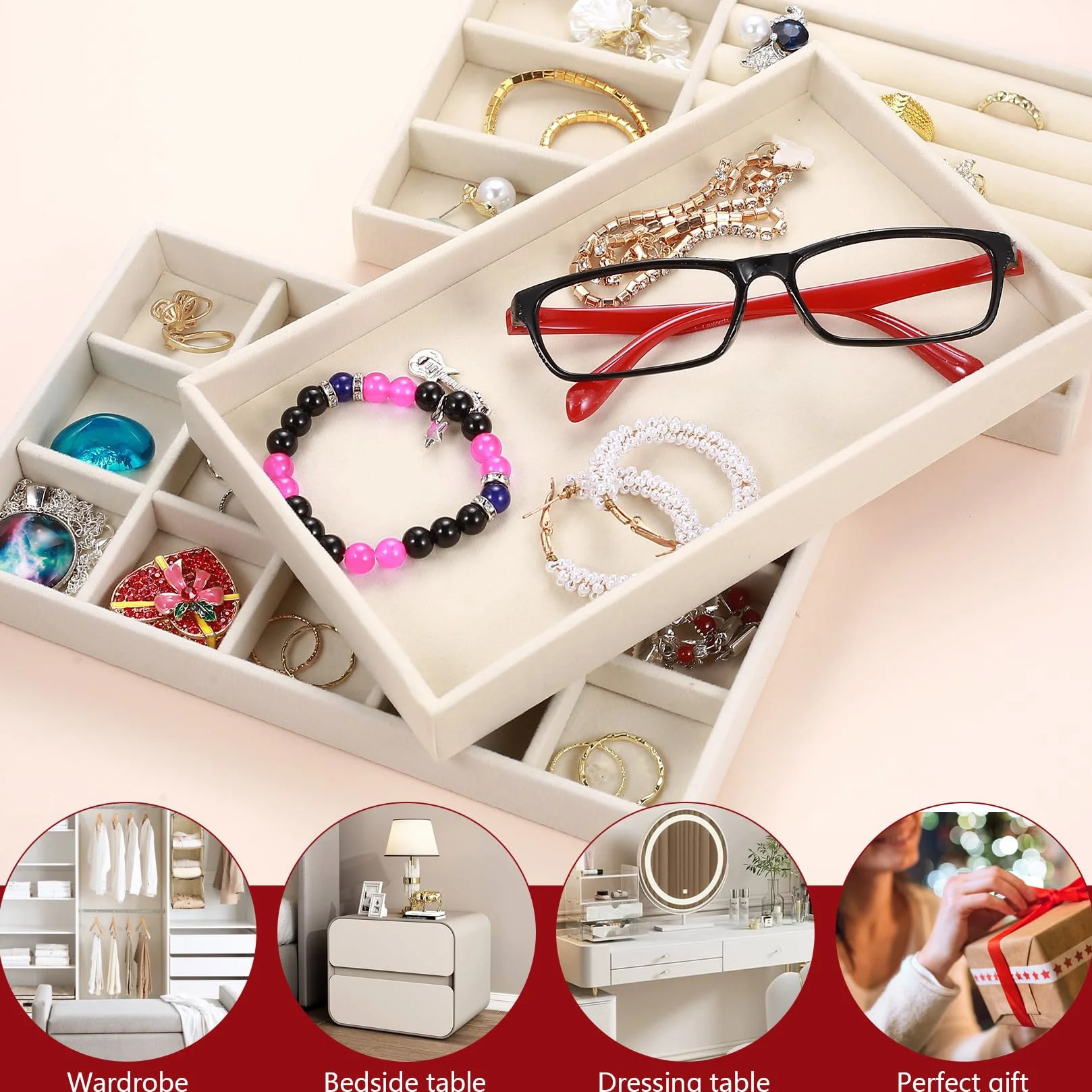 4 unidades de almacenamiento para joyas, cajón apilable, organizador de joyería, para cajones, pulseras, anillos, pendientes, tocador