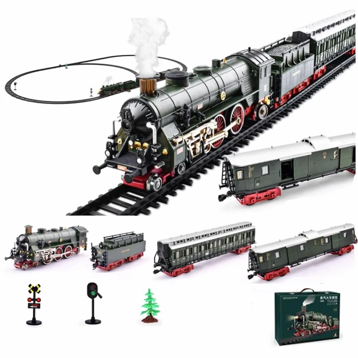 Juego de tren eléctrico modelo locomotora aleación con vagón vía larga control silbato humo Modelo 22920 Verde oscuro
