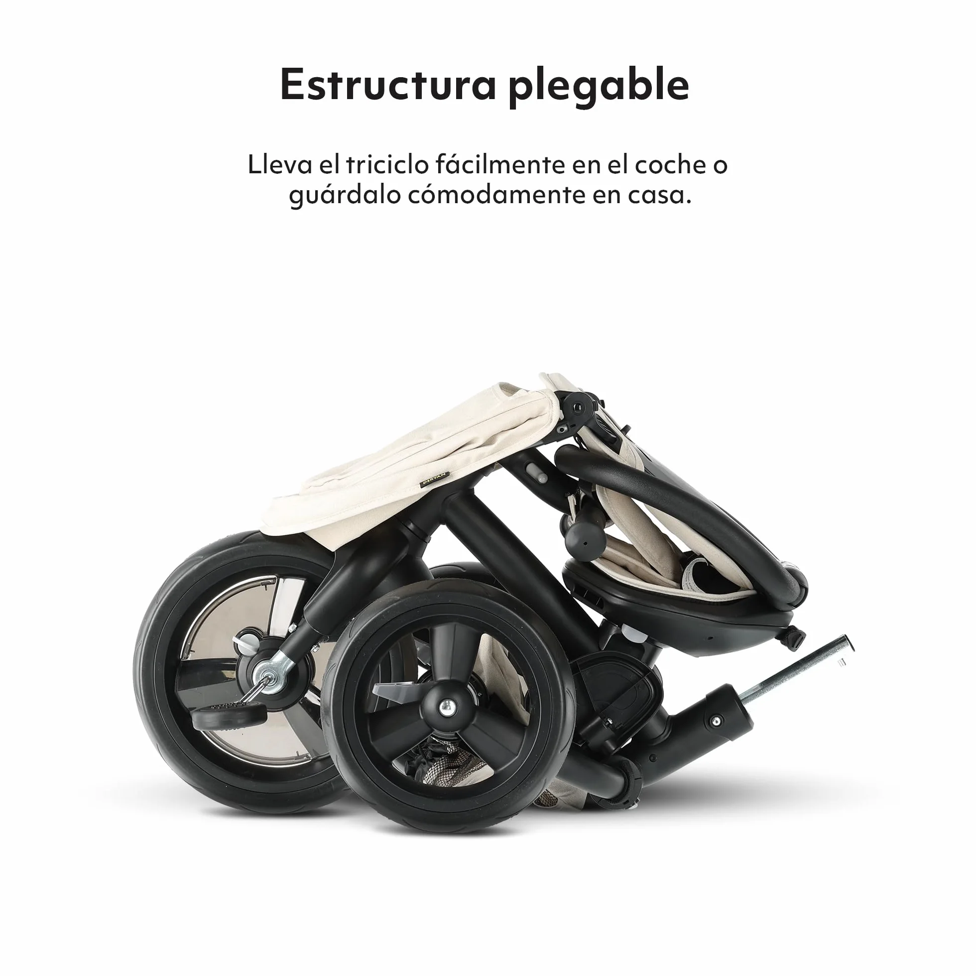 Deryan Explorer Triciclo 9 Meses a 25 kg - Evolutivo, Bicicleta Sin Pedales, Bicicleta Bebe, Plegable, para Niños, Asiento Reversible, Capota con protección Solar, Cesta, Arnés de 5 Puntos - Crema