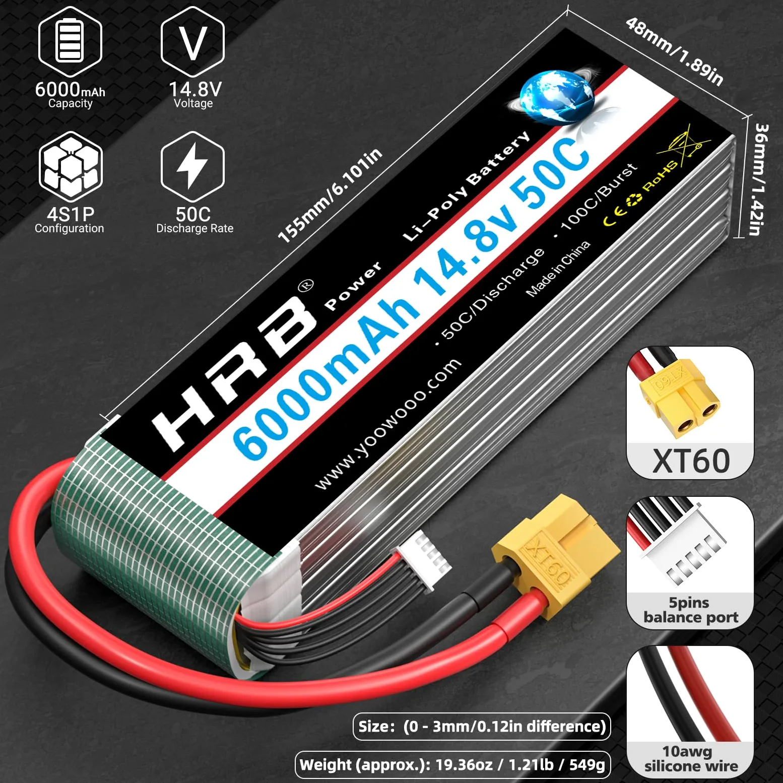 HRB 14.8V 6000mAh 4S Lipo Batería 50C con Enchufe XT60 para Avión RC, Helicóptero RC, Coche RC, Camión RC, Barco RC