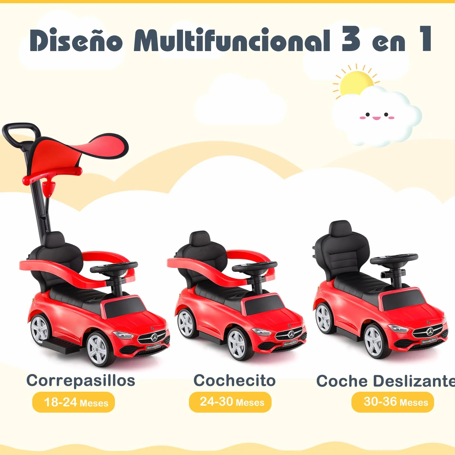 COSTWAY Coche Correpasillo 3 en 1 para Niños, Coche de Juguete con Barra de Empuje y Capota Ajustable, Coche con Pedal y Bocina para Niños de 18-36 Meses con Sonido (Rojo)