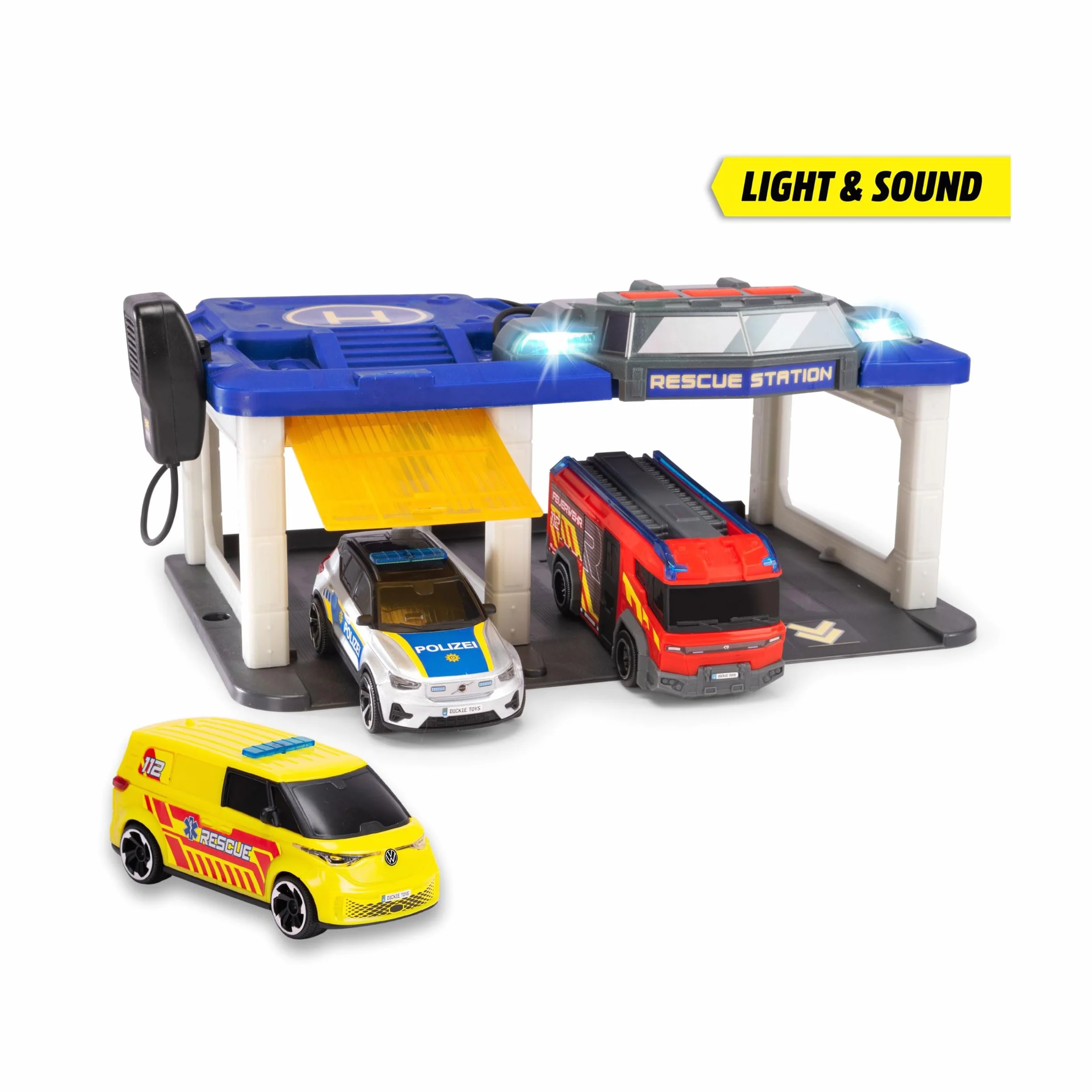 Dickie Toys - S.O.S Station para niños a Partir de 3 años (31 x 22 cm) con 3 Coches de Juguete (Coche de policía, Ambulancia, camión de Bomberos), estación de Bomberos y policía con luz y Sonido