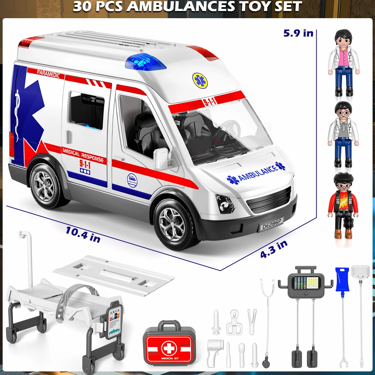Doloowee Juguete de ambulancia para niños de 3, 4, 5, 6, 7, 8 años, camión de fricción con luz y sonido, vehículos de emergencia para niños y niñas, regalos para niños y niñas de 3 a 12 años