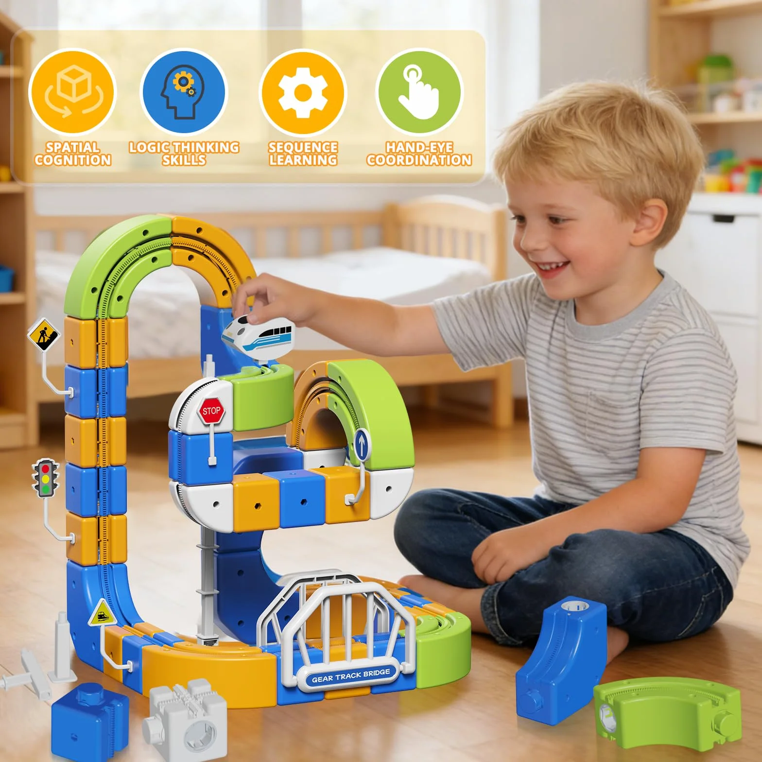 Tren Eléctrico Niños 225 Piezas (80 Vías + 2 Trenes) – Gran Pista Flexible 3D Antigravedad Circuito Tren Electrico, Juego de Construcción Stem DIY, Trenes Motorizados USB, Regalo 3-10 Años