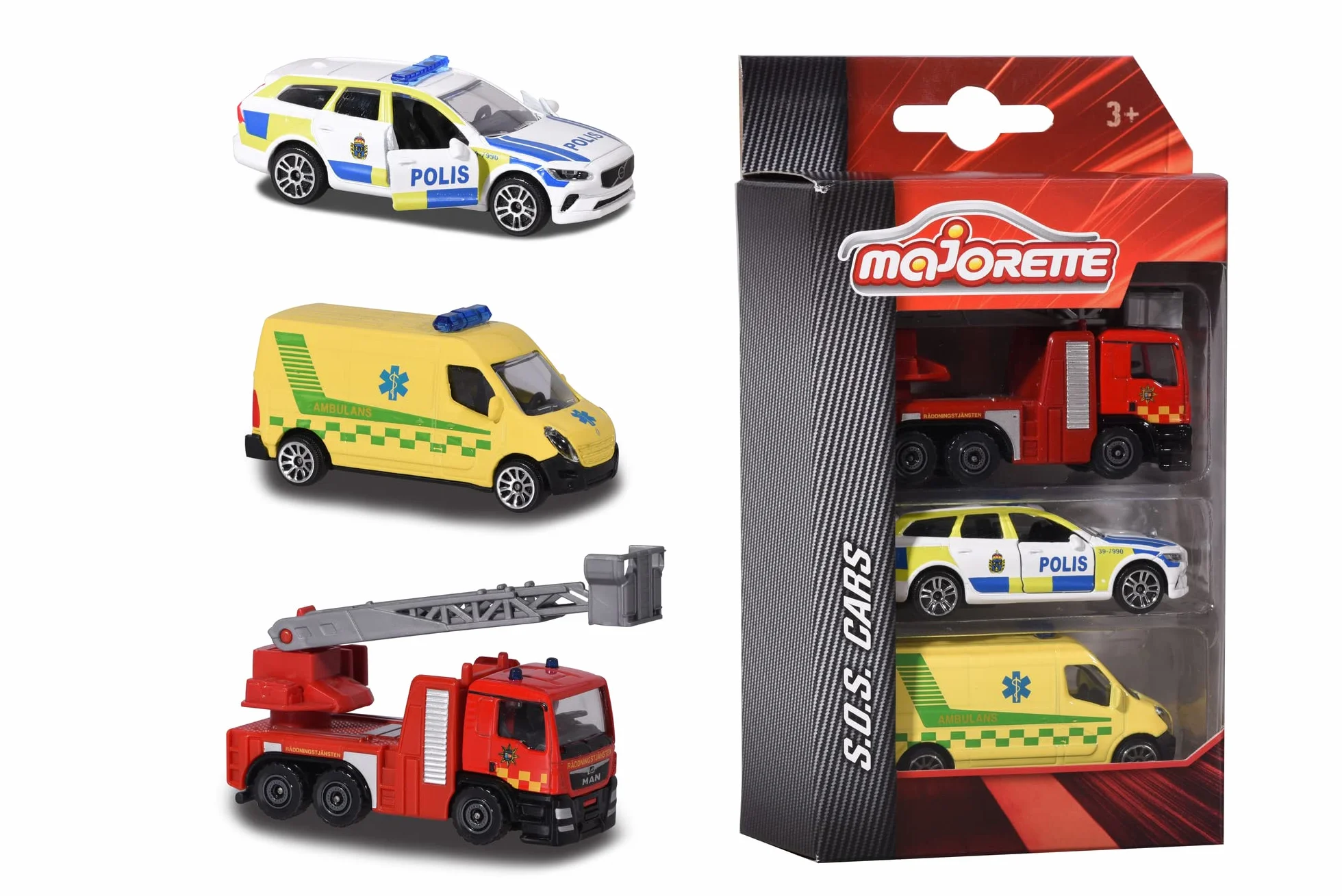 Majorette 212057262033-3-Pack Vehículo de Emergencia Sueco con Coche de policía en Volvo V90 Modelo, Ambulancia y Coche de Bomberos de Metal con Rueda Libre y Piezas Movibles, 7,5 cm, a Partir de 3
