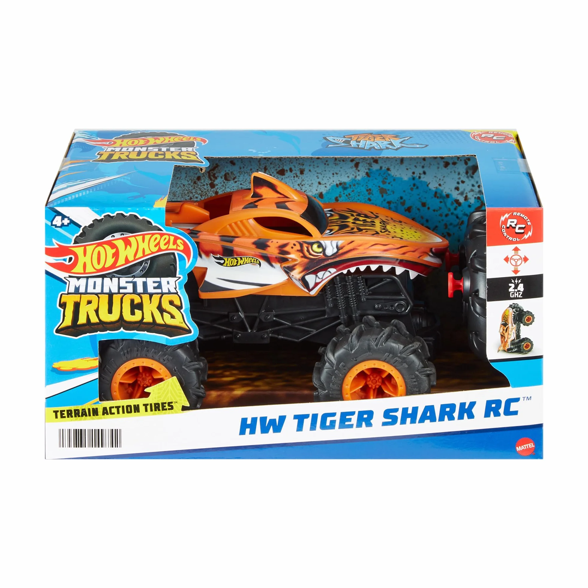 Hot Wheels Monster Trucks Coche Teledirigido, HW Tiger Shark RC, Coche de juguete todoterreno con mando radio control con alcance de 30 metros, escala 1:24, regalo para niños y niñas +4 años, HNV03