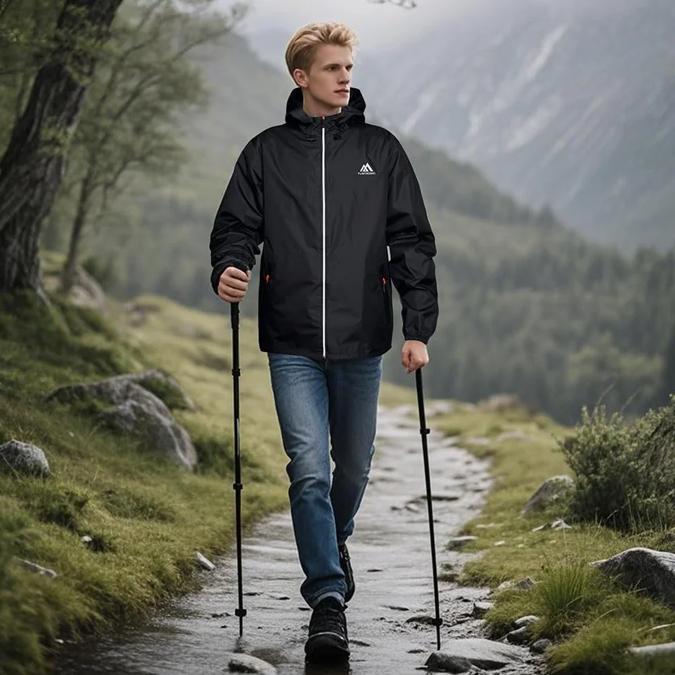 flintronic Chubasquero Hombre Impermeable Chaqueta Ligera Cortavientos Running Capucha Cremallera Bandas Reflectantes Transpirable Bolsillos