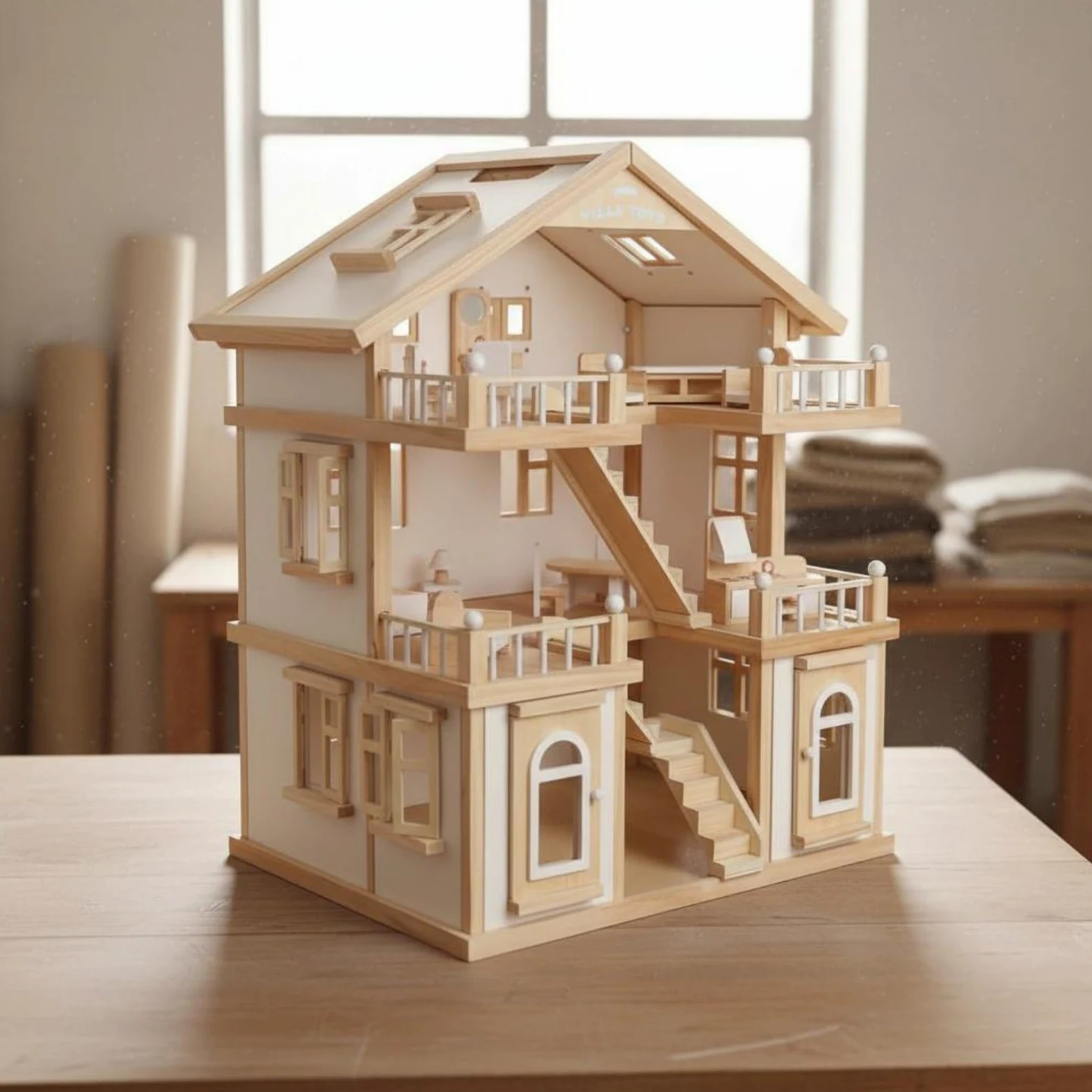 Casa de Muñecas de Madera Casa de Juego de Juguete Hogar en Miniatura Juego de rol Material de Madera con Detalles de Puertas y Techo Adecuada para Niños Educativa Hogar, Blanco