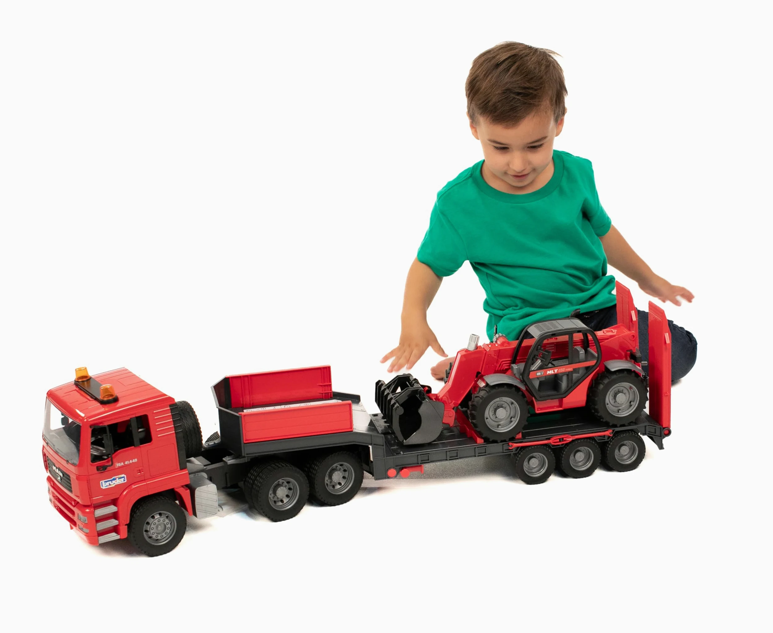 Bruder 02774 - Man TGA con Plataforma Baja y Cargador telescópico Manitou | Camión con pala cargadora, camión, set de vehículos, juguete a partir de 3 años, escala 1:16