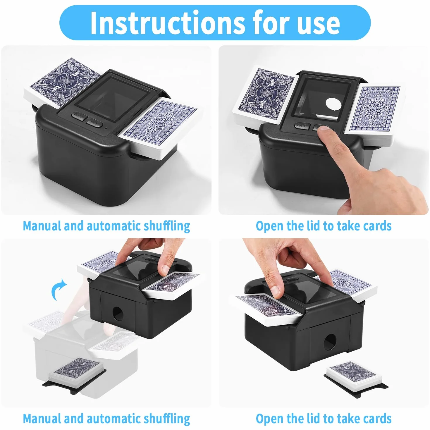 Mezclador automático de tarjetas silencioso y recargable, para 2 juegos de tarjetas, mezcladora de 2000 mAh, para UNO, póquer, Texas Hold'em negro