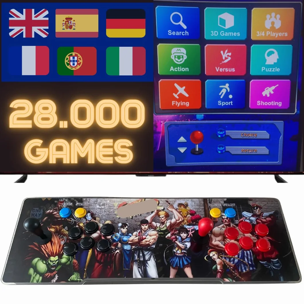Consola Pandora Box Arcade con 28000 Juegos Retro Originales, con LED Que cambian de Color y Sistema de Sonido y joysticks ovalados