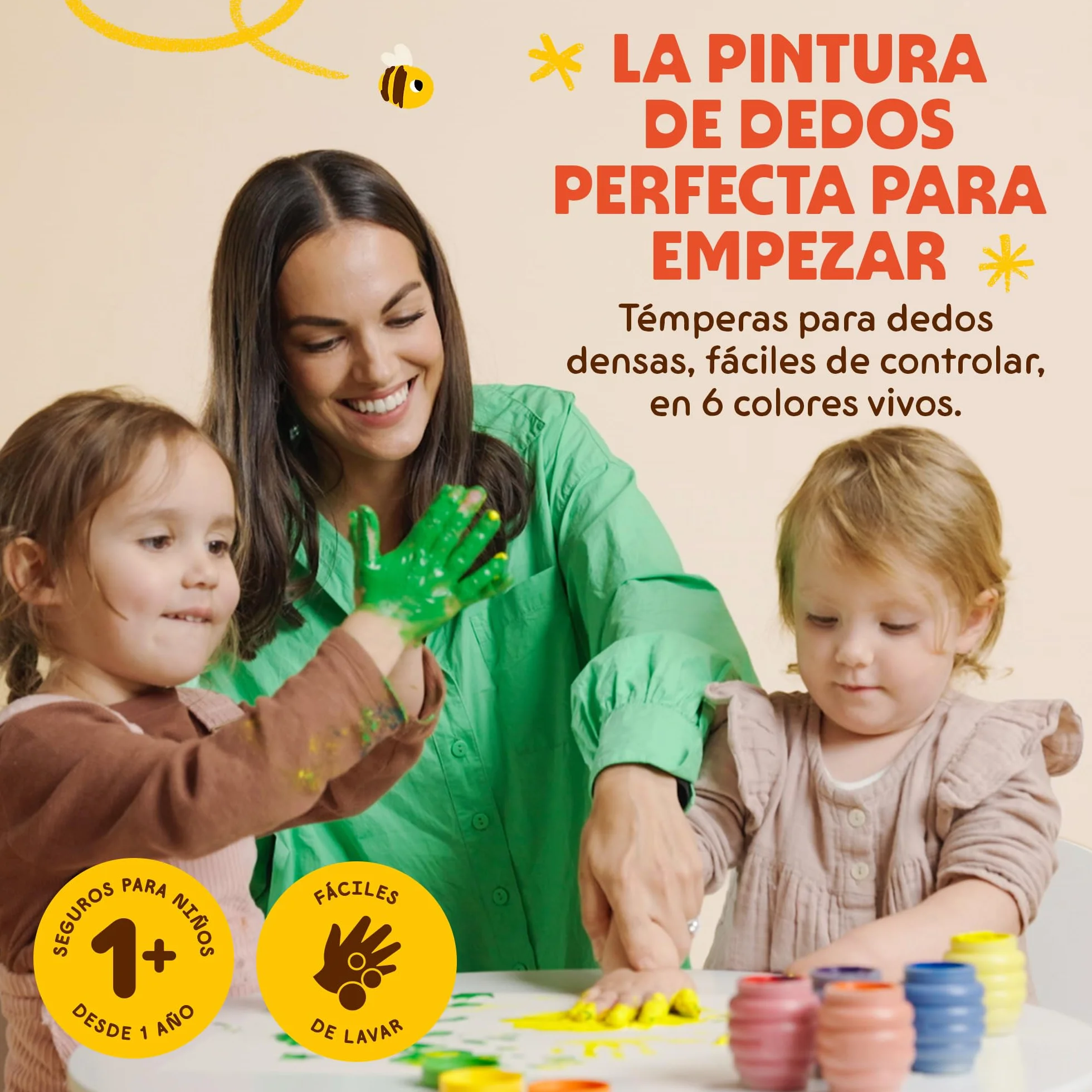 Honeysticks Pintura de Dedos para Niños y Bebés No Tóxica – Pinturas para Bebés y Niños de 1 a 5 Años a Base de Agua en 6 Colores Vivos - Seguras y Lavables de la Piel – Ecológica