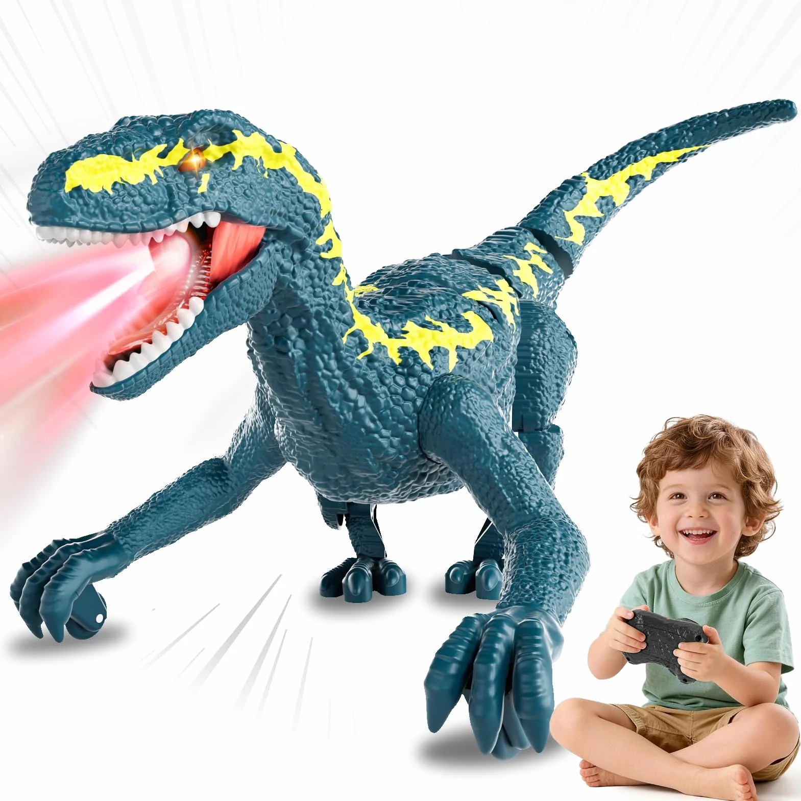 Dinosaurio Teledirigido para Niños 3+, RC Dinosaurio Caminante Recargable 2,4 GHz con Ojos 3D y 3 Sonidos, Juguete Animal Prehistórico Interactivo para Niños y Niñas 3+ (Azul)