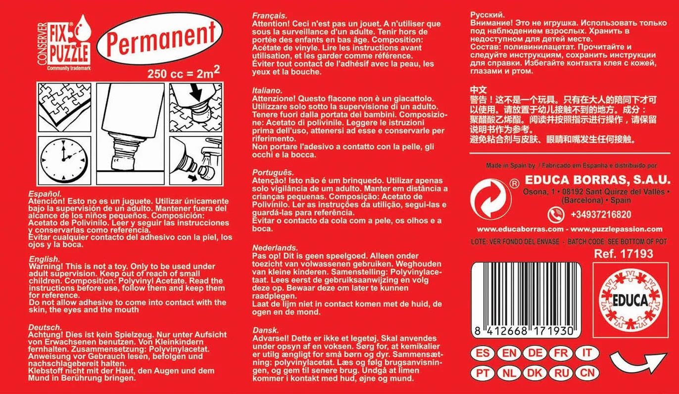 Educa - Permanent Fix Puzzle 250 ml | Pegamento Permanente para Puzzles, pégalo de Forma definitiva una Vez montado y consérvalo como un Cuadro, Puede Pegar hasta 6.000 Piezas (17193)