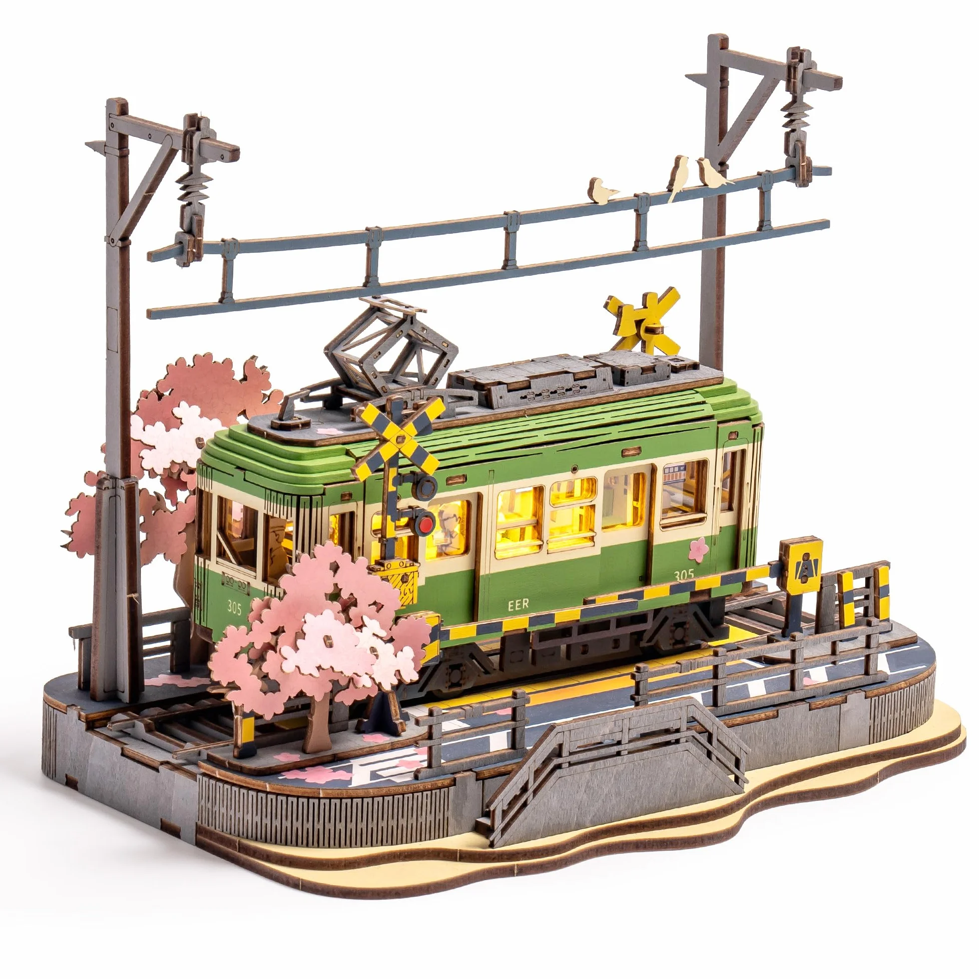 ROBOTIME Puzzle 3D Madera Tranvía Sakura con Luces LED, Maquetas para Construir Adultos, Manualidades Decoración del Hogar, Regalo para Adultos, Mujeres y Niñas