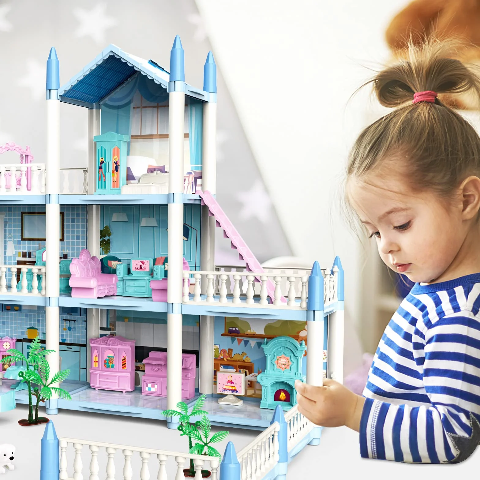 deAO Casa de Muñecas Villa para Niñas, 3 Pisos Casa de Muñecas de Ensueño con Muebles y Toboganes, Escaleras, Vallas, Perro Muñeco, Princess Castle Playset, Regalo para Niñas de 6+ Años (Azul)