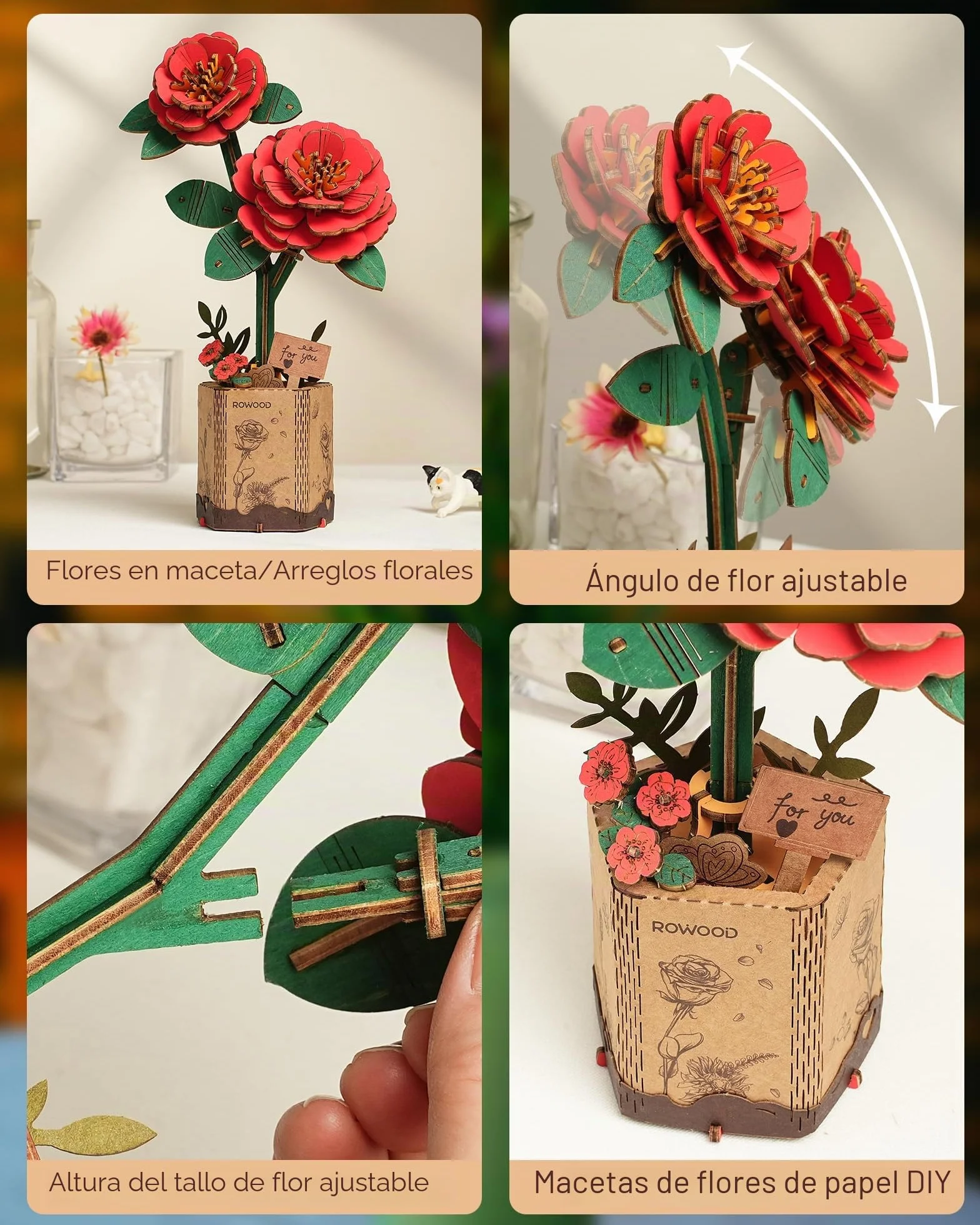 Puzzle 3D DIY Flor de Madera Maqueta de Flores Artificiales para Montar Adultos (Red Camellia)