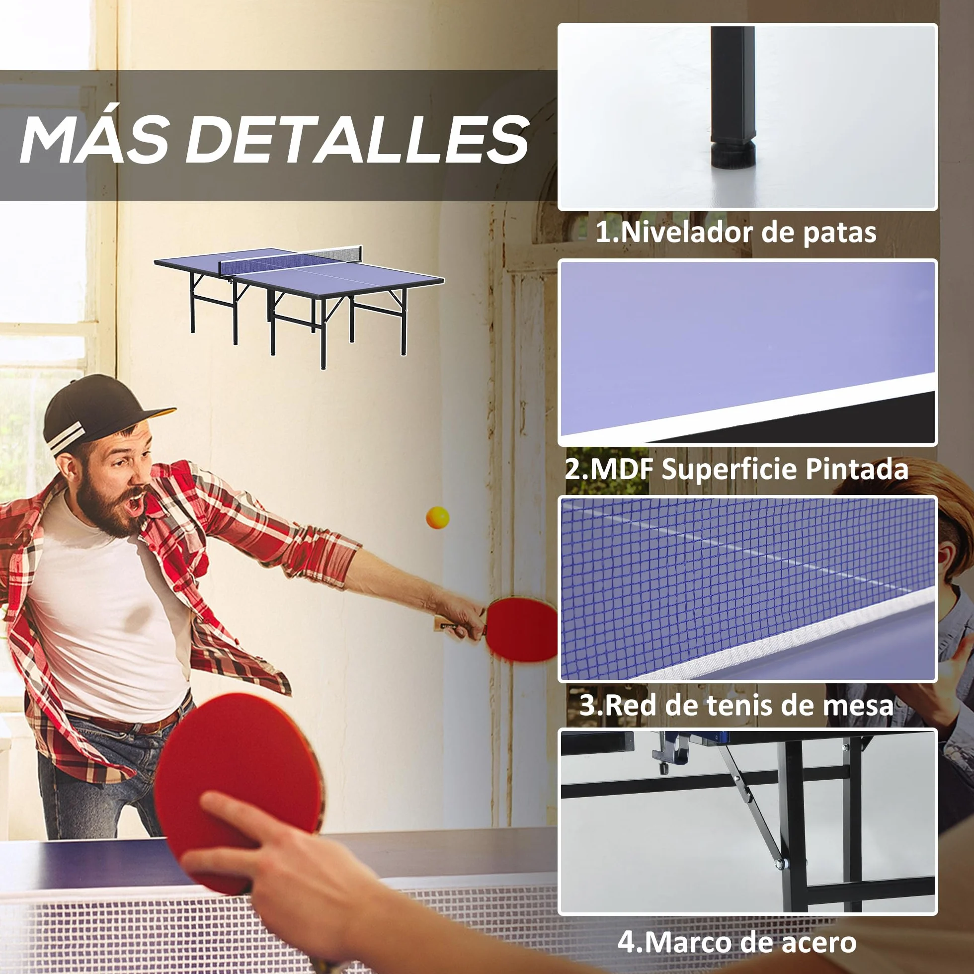 HOMCOM Mesa de Ping Pong Plegable con Red 152,5x274x76 cm Acero MDF Azul