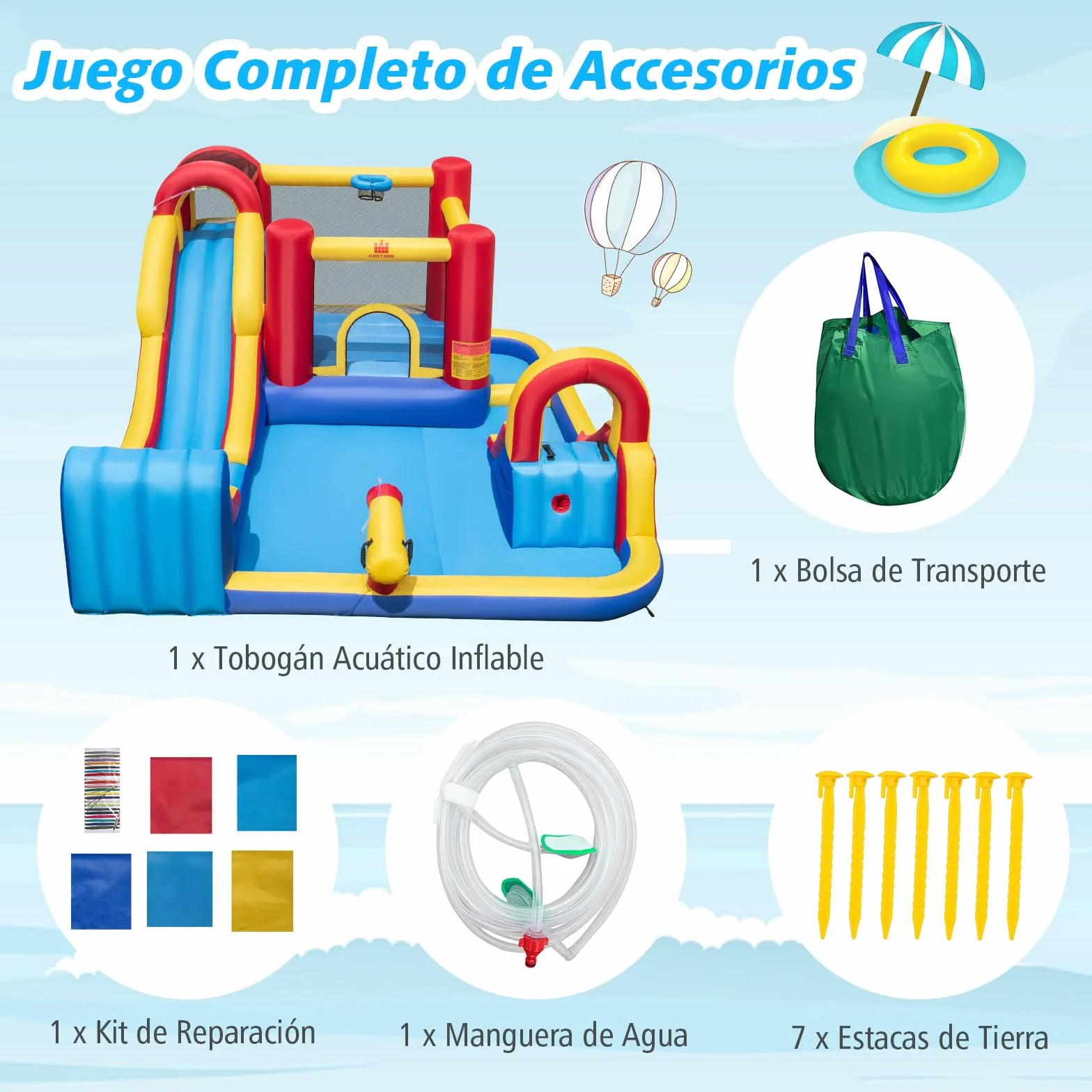 COSTWAY Castillo Hinchable Grande, Parque Acuático Infantil con Doble Tobogán, 2 Piscinas, Área de Salto y Aro de Baloncesto, 450 x 392 x 216 cm, para Jardín Patio, Multicolor (sin Soplador)