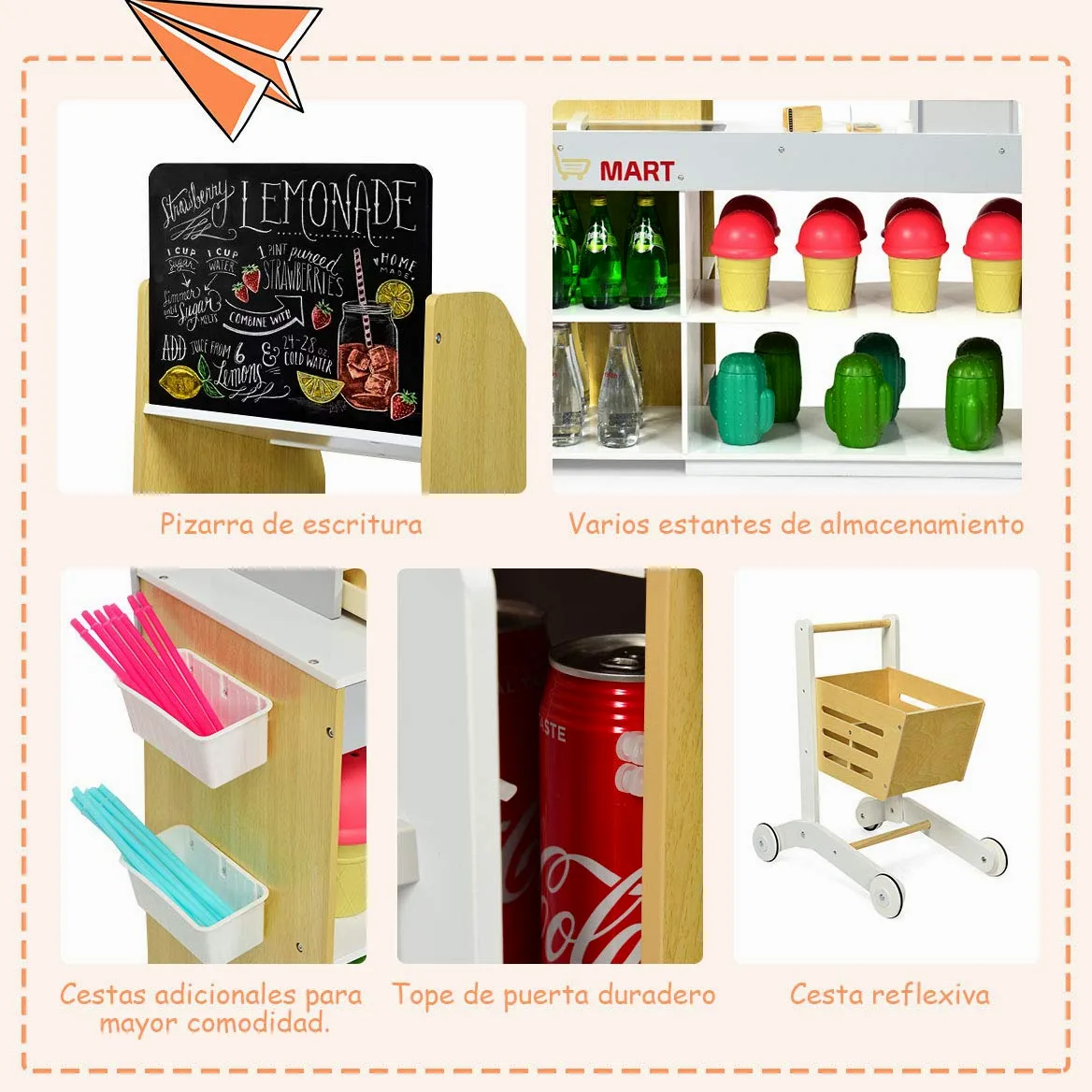 COSTWAY Juguete de Supermercado con Carrito de Compra Incluye Pizarra,Caja Registradora,Escáner,Lector de Tarjetas,Tarjeta de Crédito y Monedas Juguetes de rol para Niños