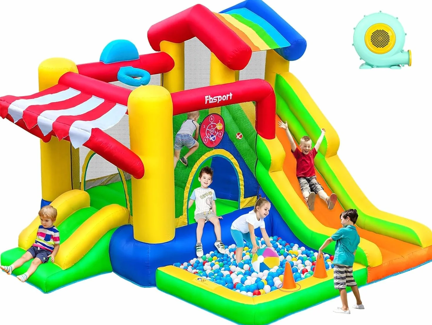 FBSPORT Castillo Hinchable para Niños con Doble Tobogán, Trampolín, Piscina de Bolas, Lanzamiento de Bolas, Muro de Escalada y Canasta de Baloncesto, para Jardín Interior Exterior, 322×305×208 cm