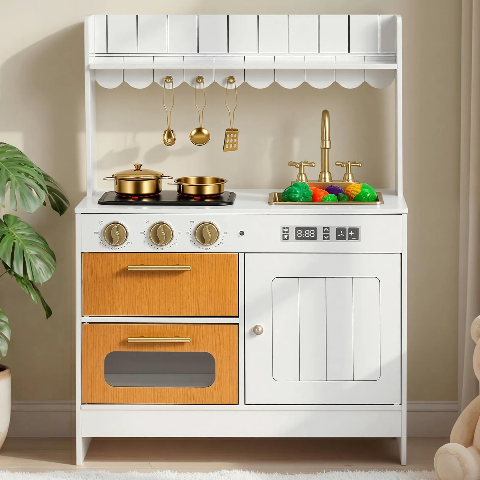 VEVOR Cocina de Juguete para Niños de 3 a 8 Años, Cocinita Infantil de Madera con Luces y Sonidos, Zonas Interactivas, Juego de Cocina con Almacenamiento, Microondas, Fregadero, Accesorios, Blanco