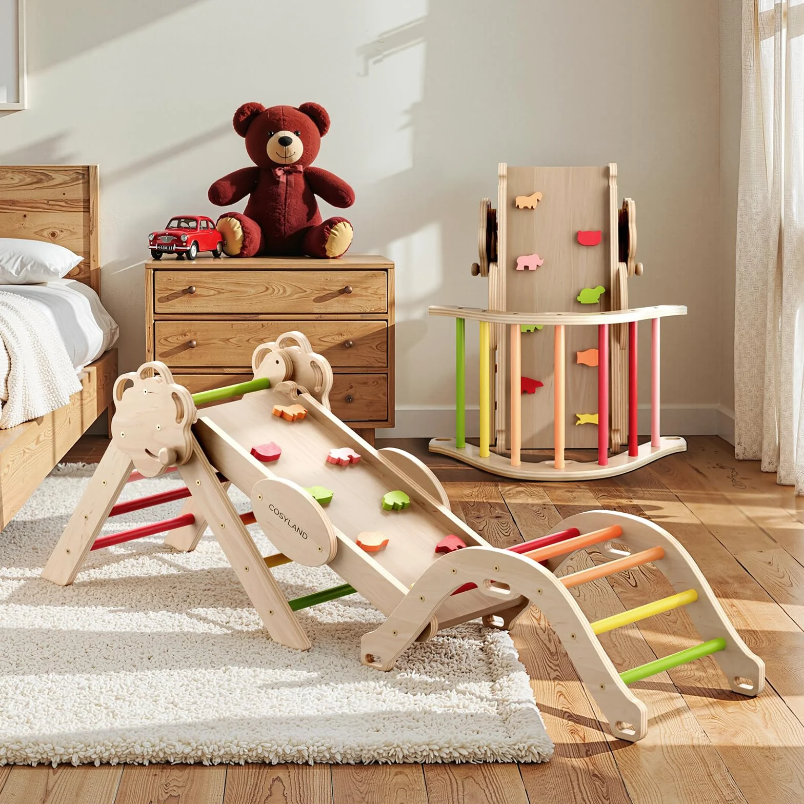 COSYLAND Triángulo de Escalada Montessori 8 en 1 con Arco y Rampa, Juguete de Madera para Niños 18 Meses-6 años