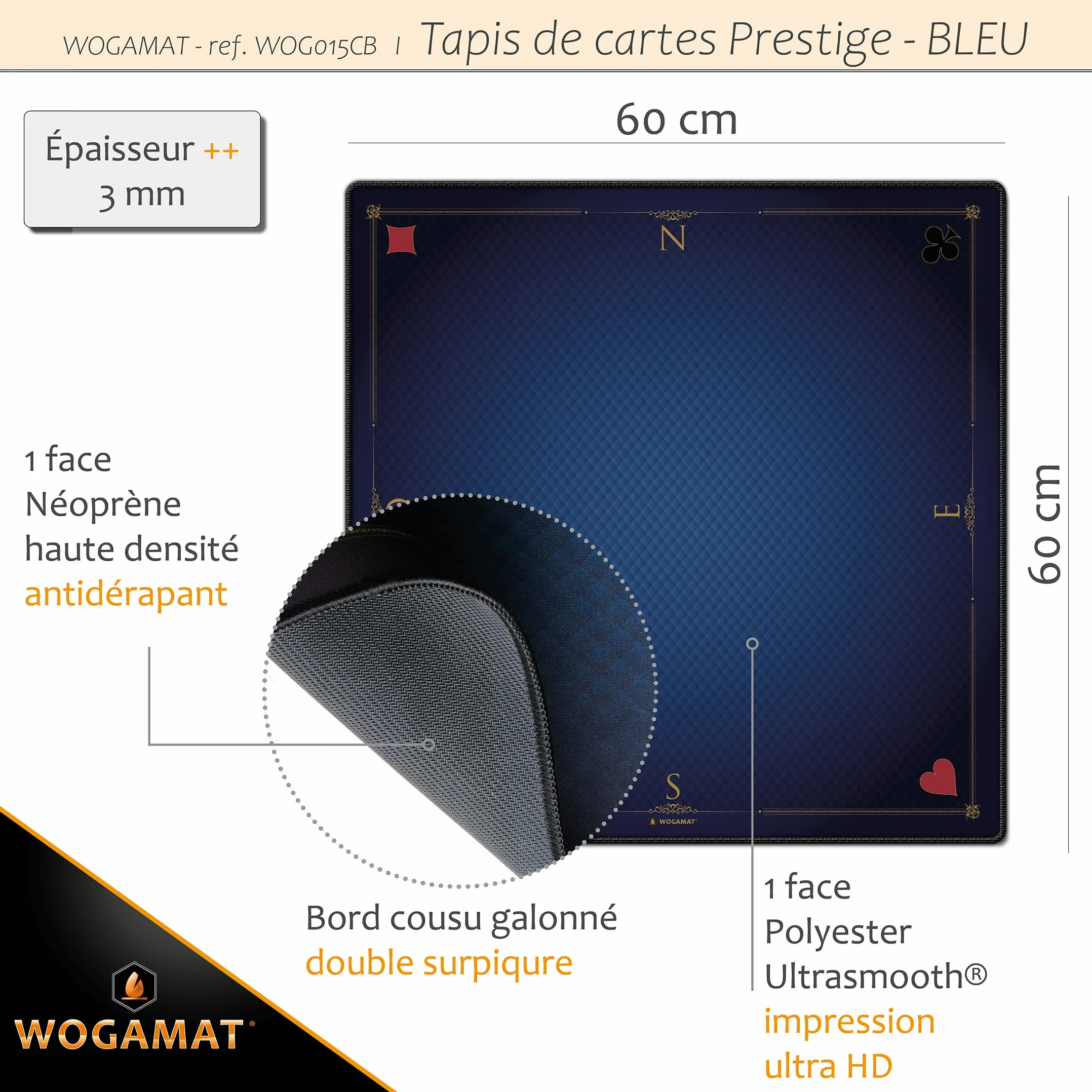 WOGAMAT Officiel – Alfombra de Juego de Cartas de Lujo Azul para Tarot póker, contra, Esquina 60 x 60 cm, Neopreno, Grueso y Antideslizante, Juegos de Cartas
