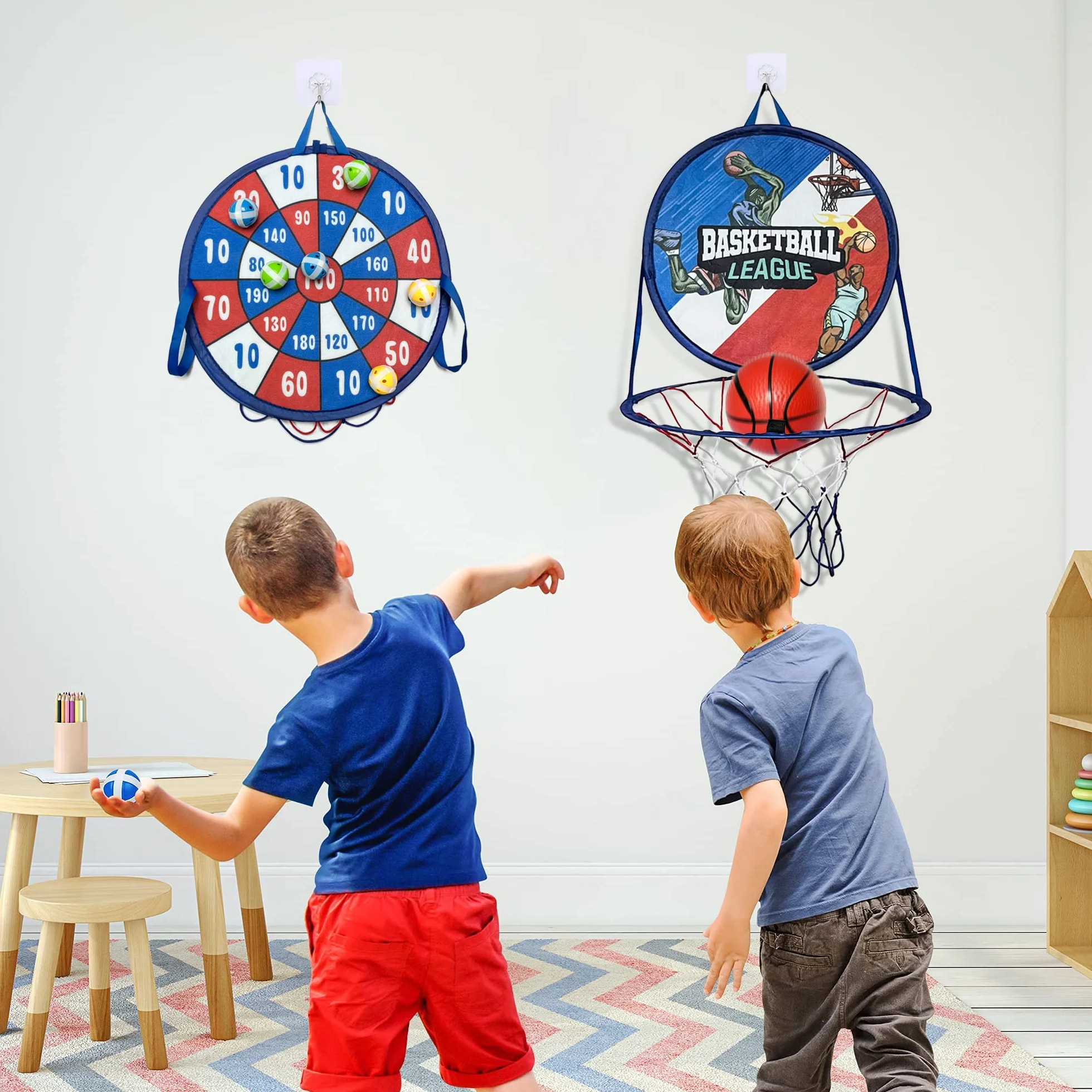 Canasta Baloncesto Infantil con Diana Dardos, 2 in 1 Plegable Doble Diana y Mini Canasta Juguete, Interiores y Exteriores Lanzamiento Juego, Niños Regalo Juegos de Fiesta