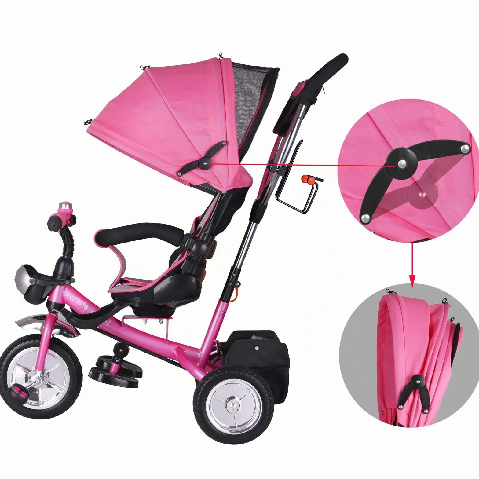 SPIELWERK® Triciclo Evolutivo Bicicleta Niños Carga Máxima 30Kg Cochecito Bebe Pedales Reposapiés Barra de Empuje Techo Plegable Portavasos Rosa
