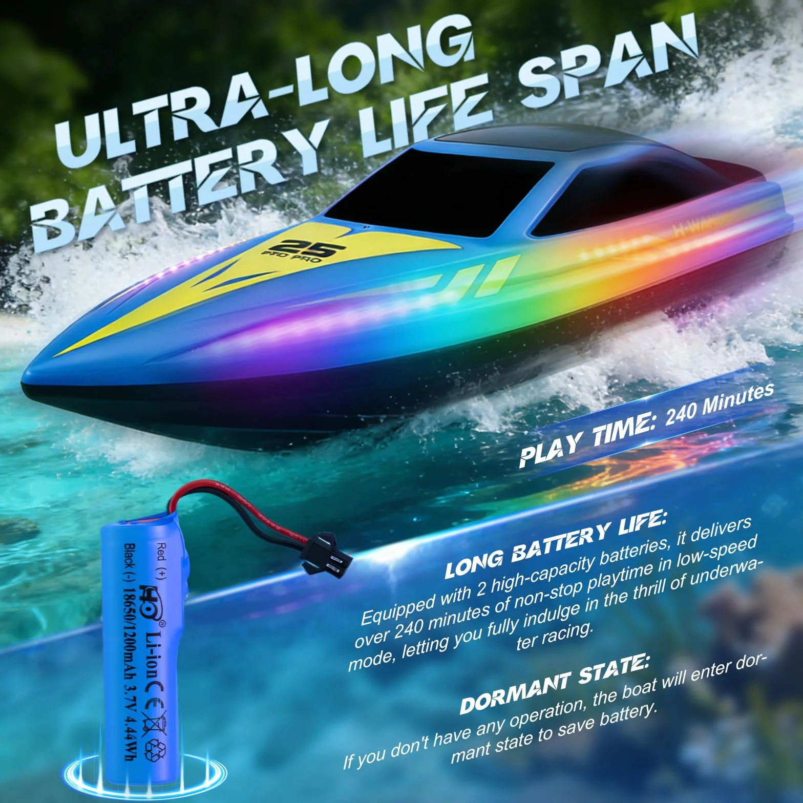 Paquete de 2 botes teledirigidos con luz LED y 2 baterías, 24 km/h, barcos de carreras de 2,4 GHz para piscinas y lagos, juguetes de agua de verano, regalo para niños de 8 a 12 años para piscinas y