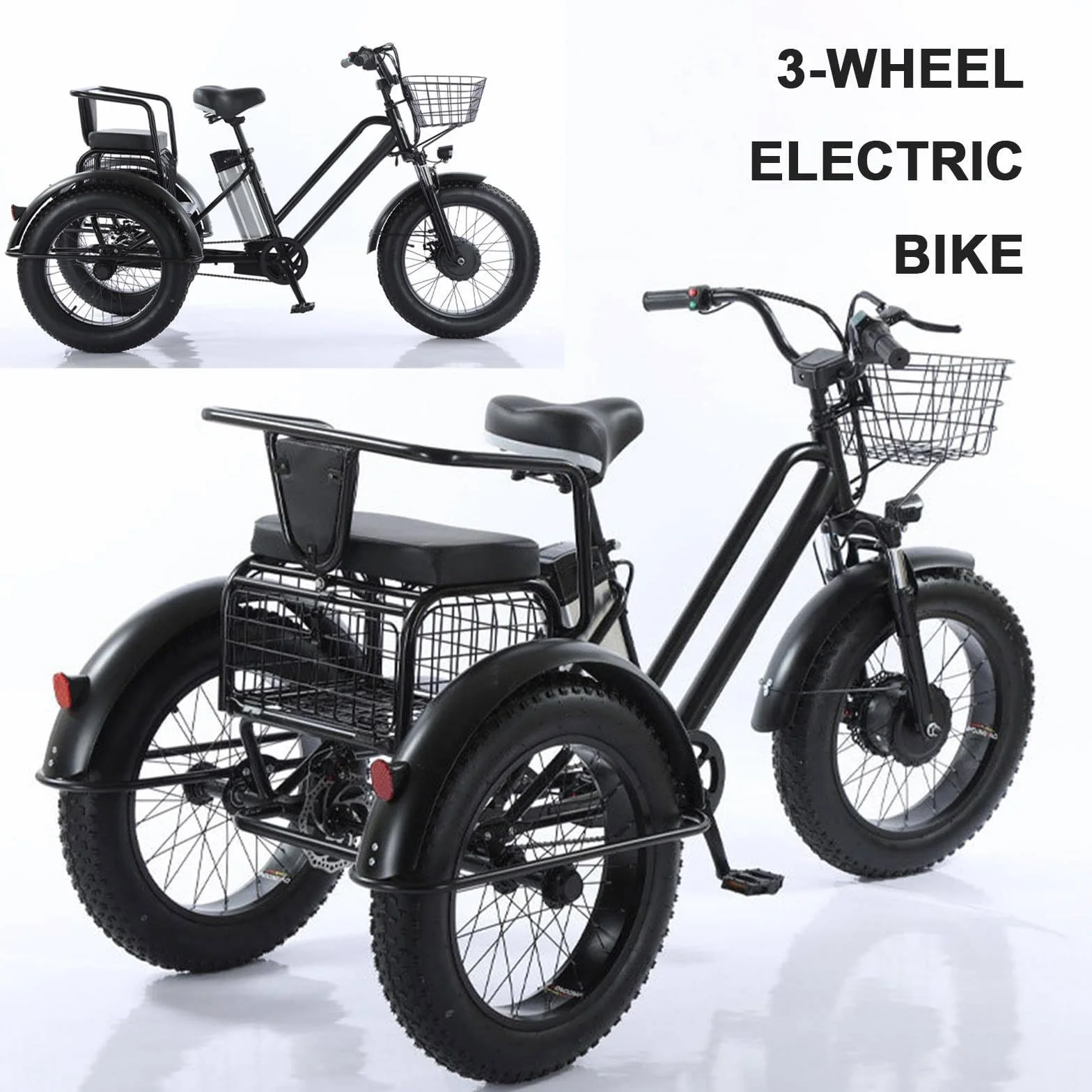 Triciclo Eléctrico Para Adultos,Con Neumáticos Anchos Todoterreno De 20" X 4.0,Cesta De La Compra Y Asiento Trasero,Batería Extraíble De 48v/12ah,Carga 200 Kg,Ideal Para Ir De Compras, Pícnics