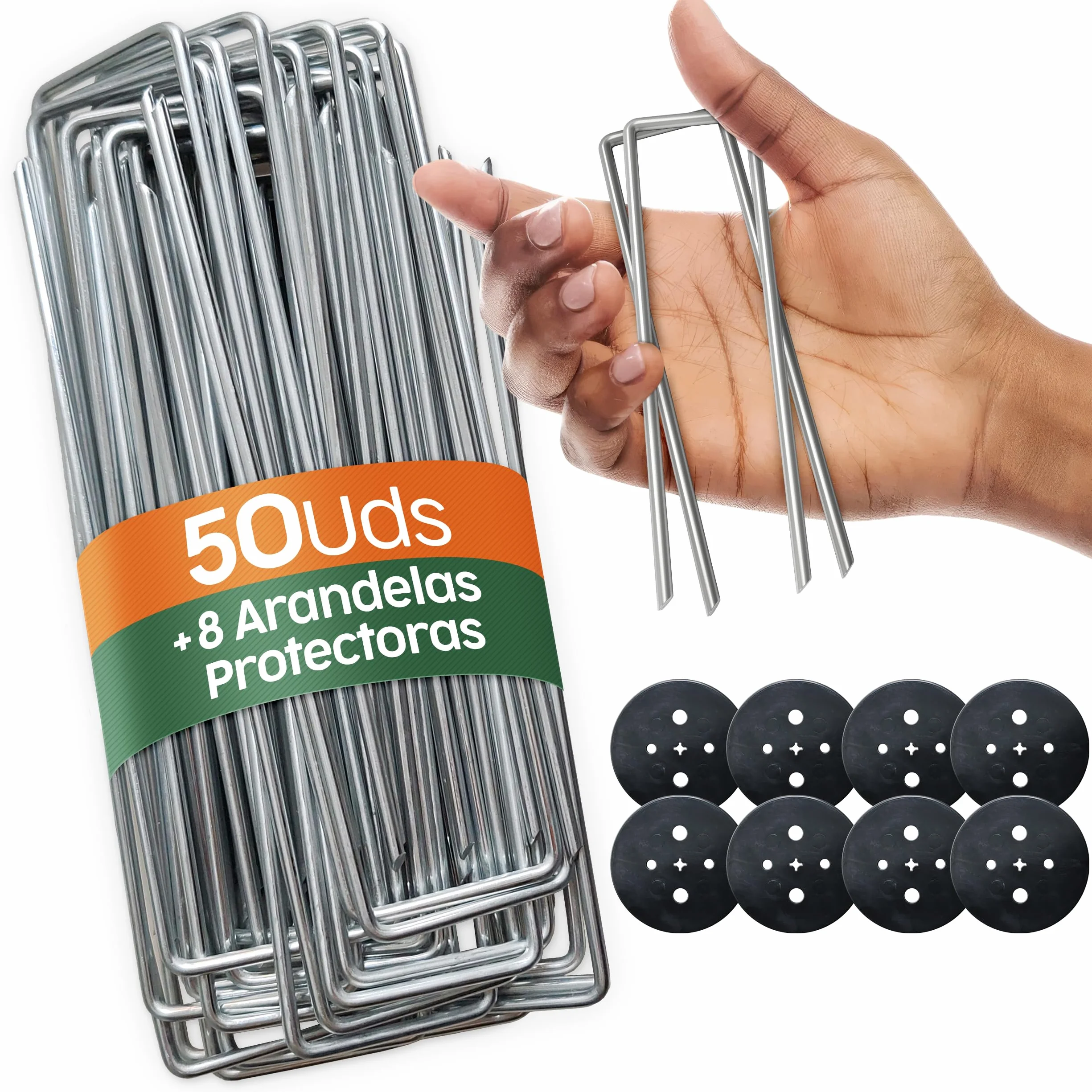 PORTENTUM Grapas Césped Artificial 150 mm 50 Uds + 8 Arandelas